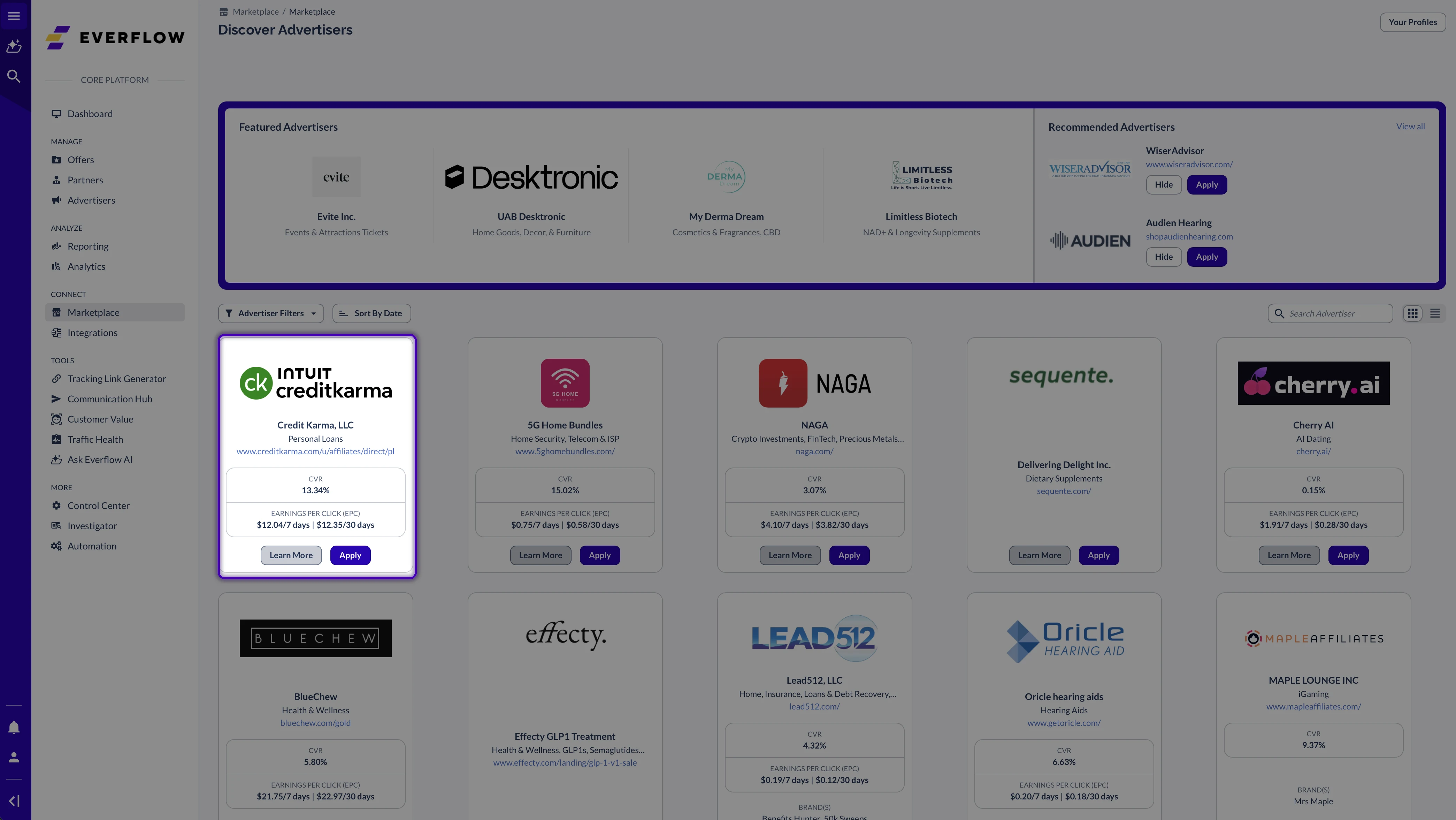 An advertiser discovery card in the Everflow Marketplace