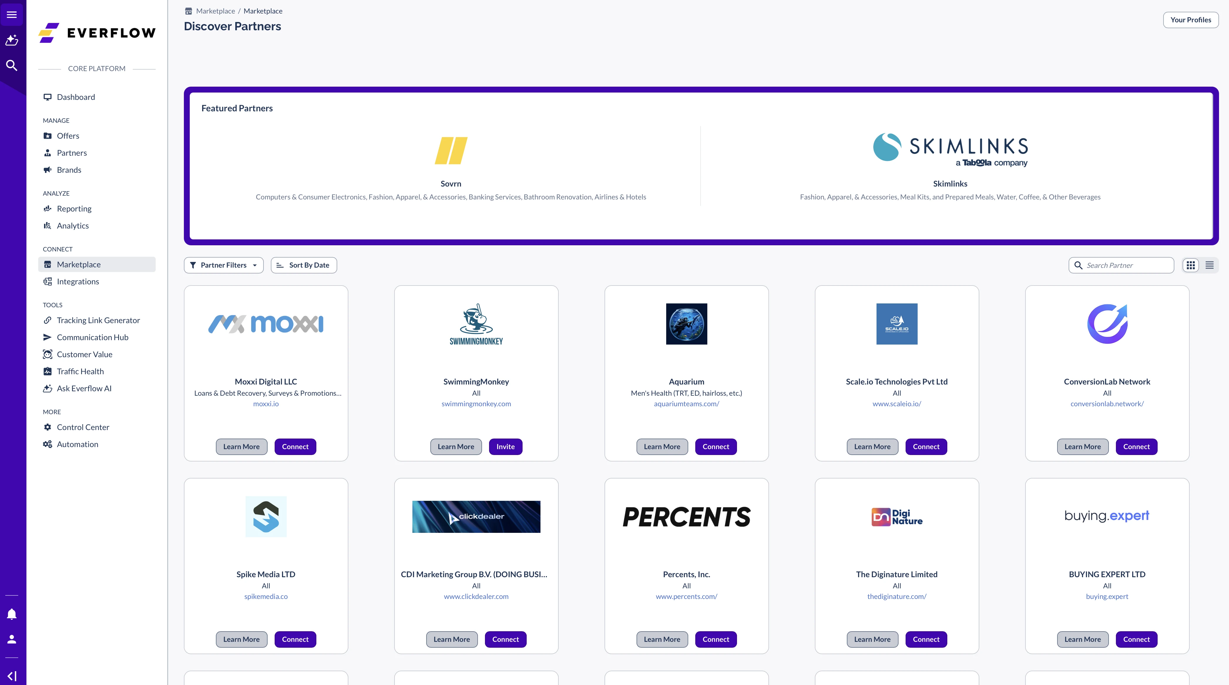 Discover Partners grid in the Everflow Marketplace