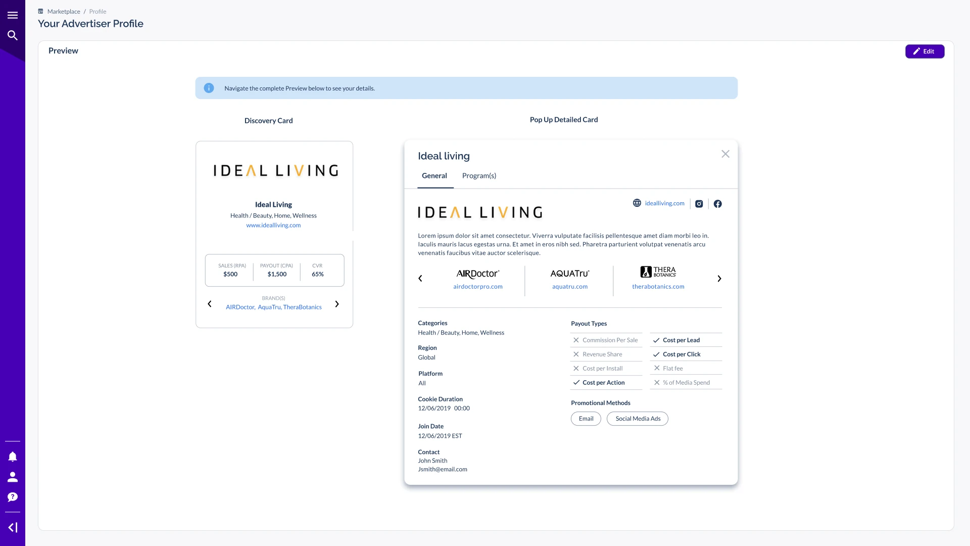 Your Advertiser Profile preview showing the Discovery Card and Pop-Up Detailed Card