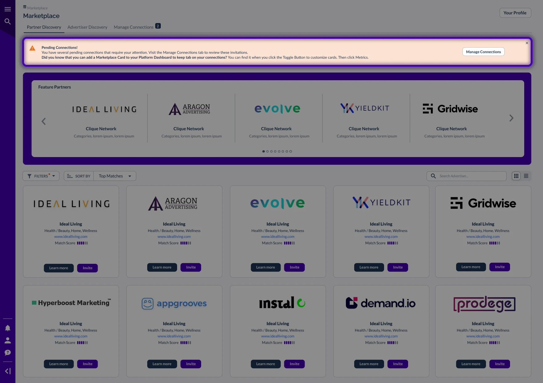 Pending Connections notification banner in the Marketplace