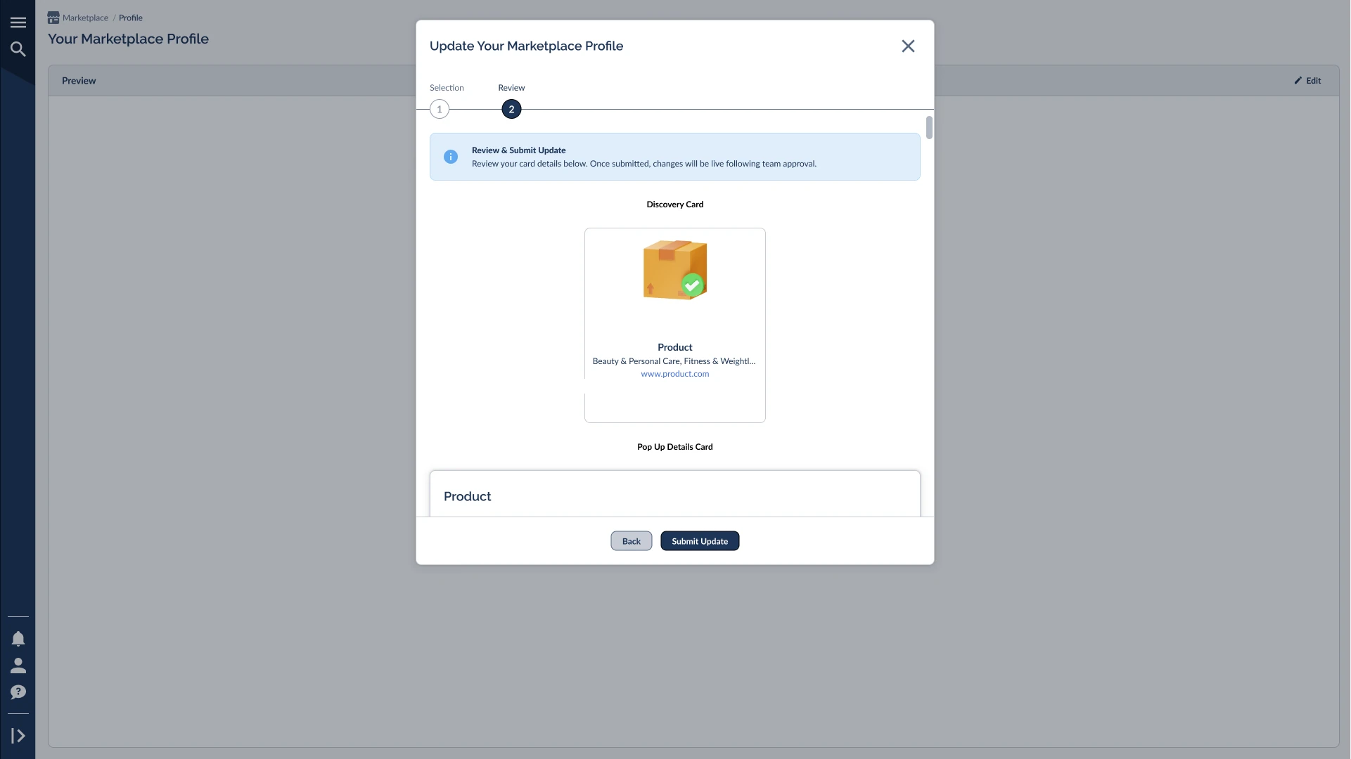 Update Marketplace Profile Review step showing the Discovery Card preview