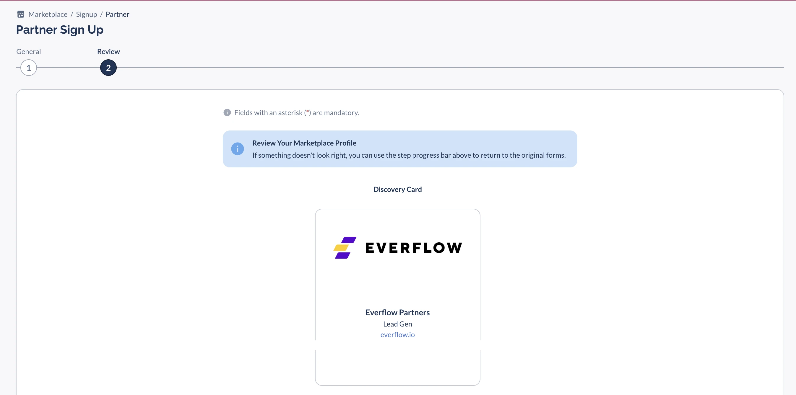 Partner Sign Up Review step showing the Discovery Card
