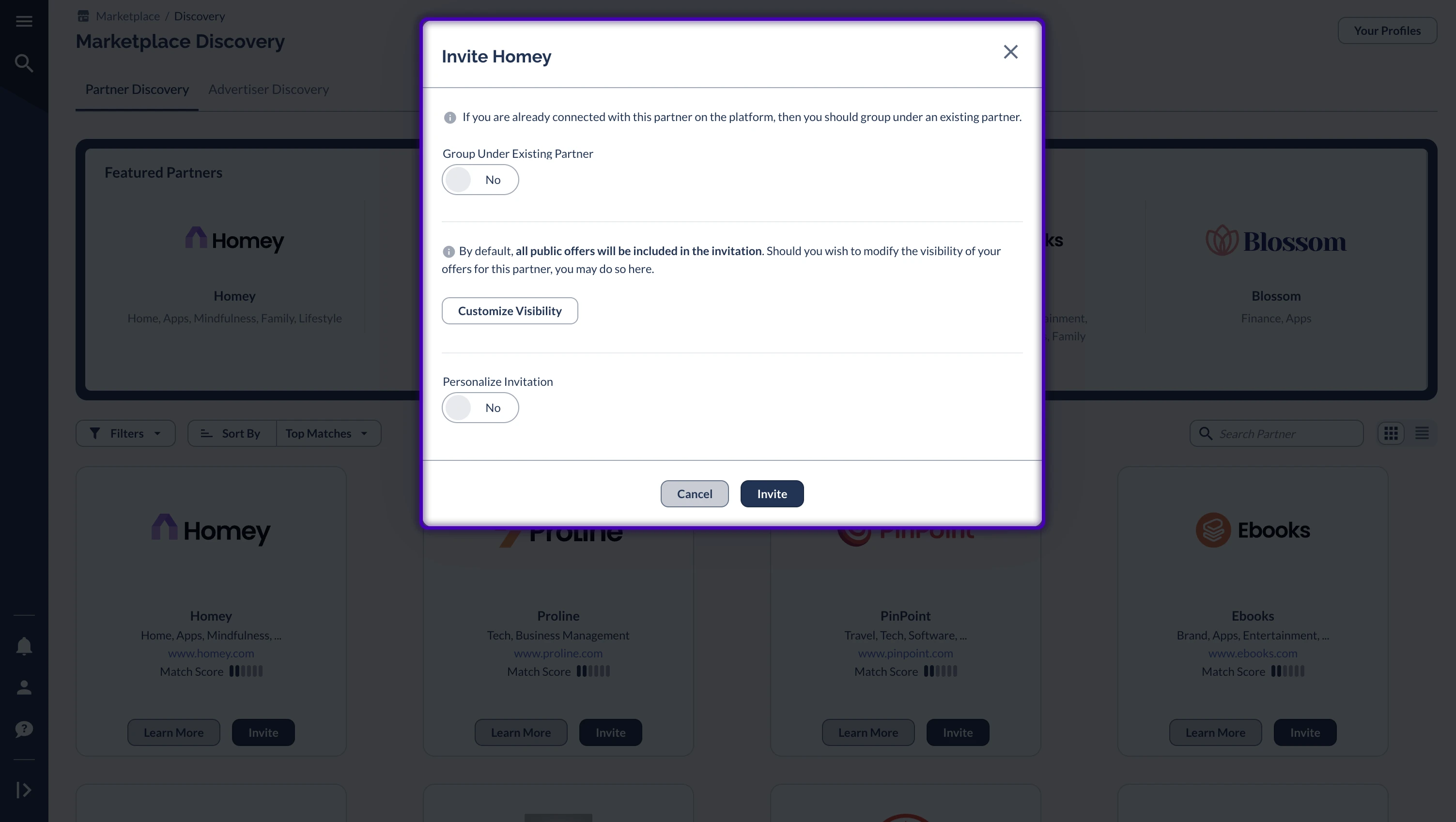 Invite partner modal in the Marketplace