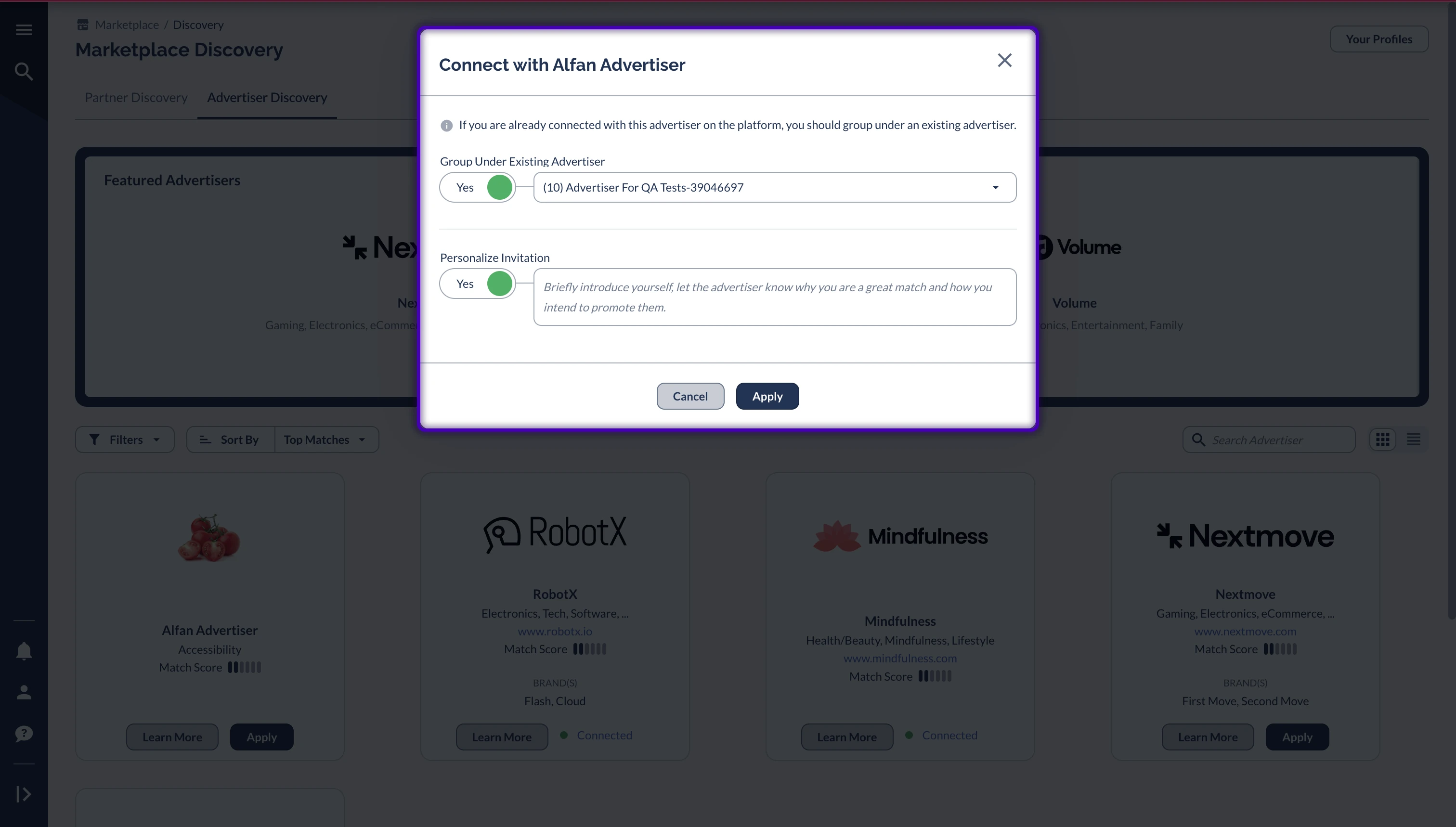 Connect with advertiser modal in the Marketplace