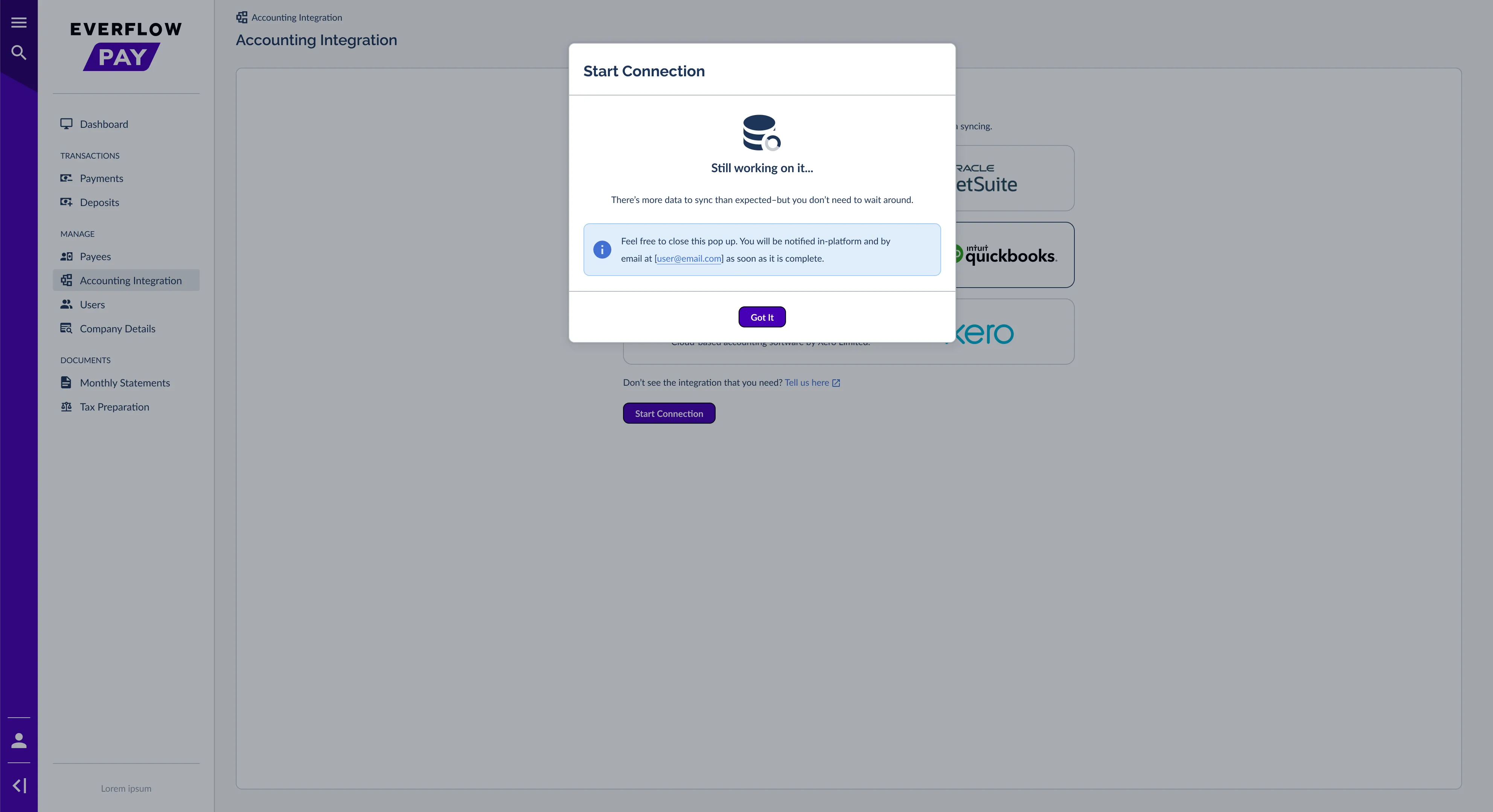 Start Connection window letting you know it is still working and that you can close the window