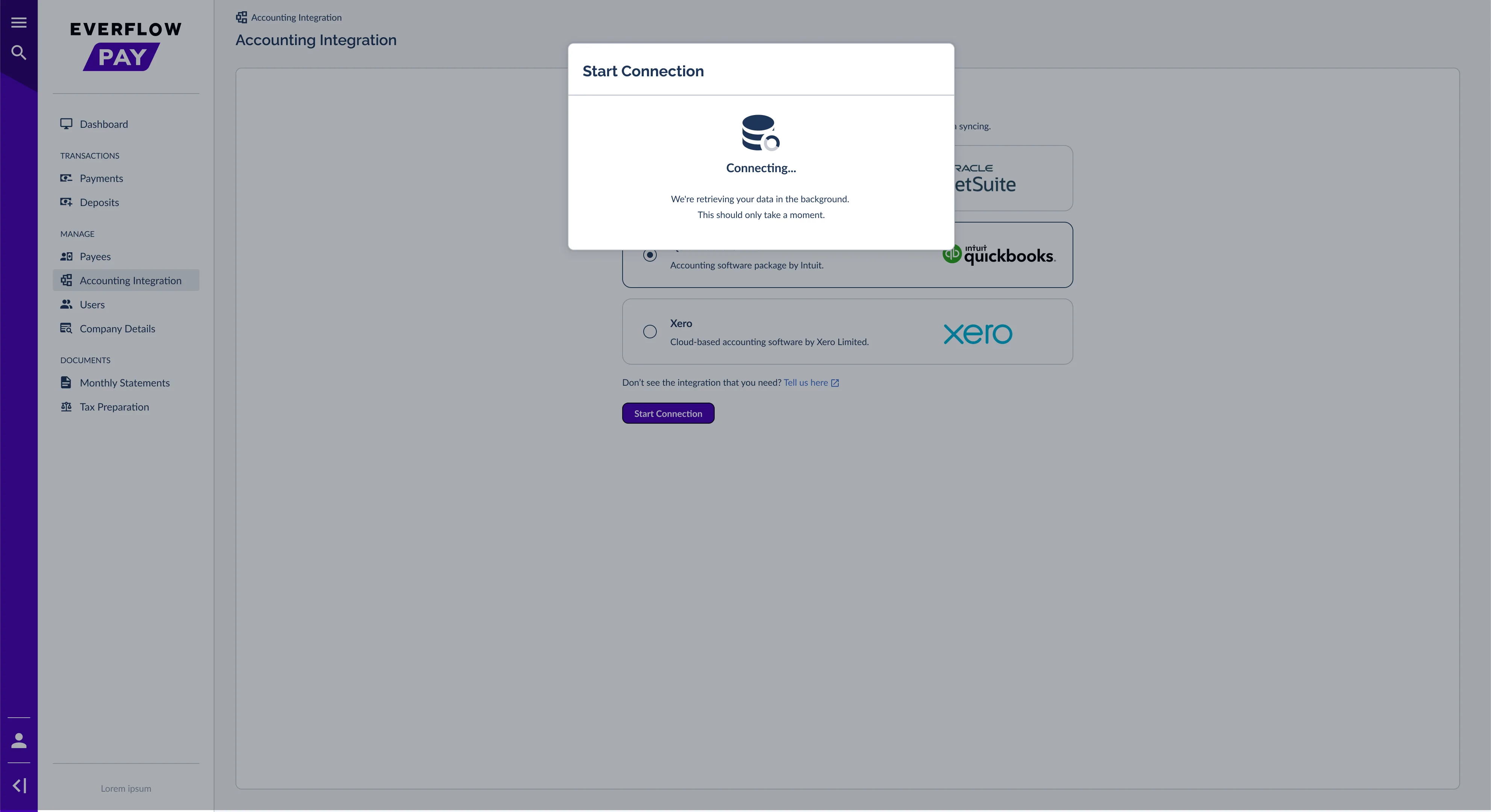 Start Connection window showing the Connecting message while Everflow Pay retrieves your data in the background
