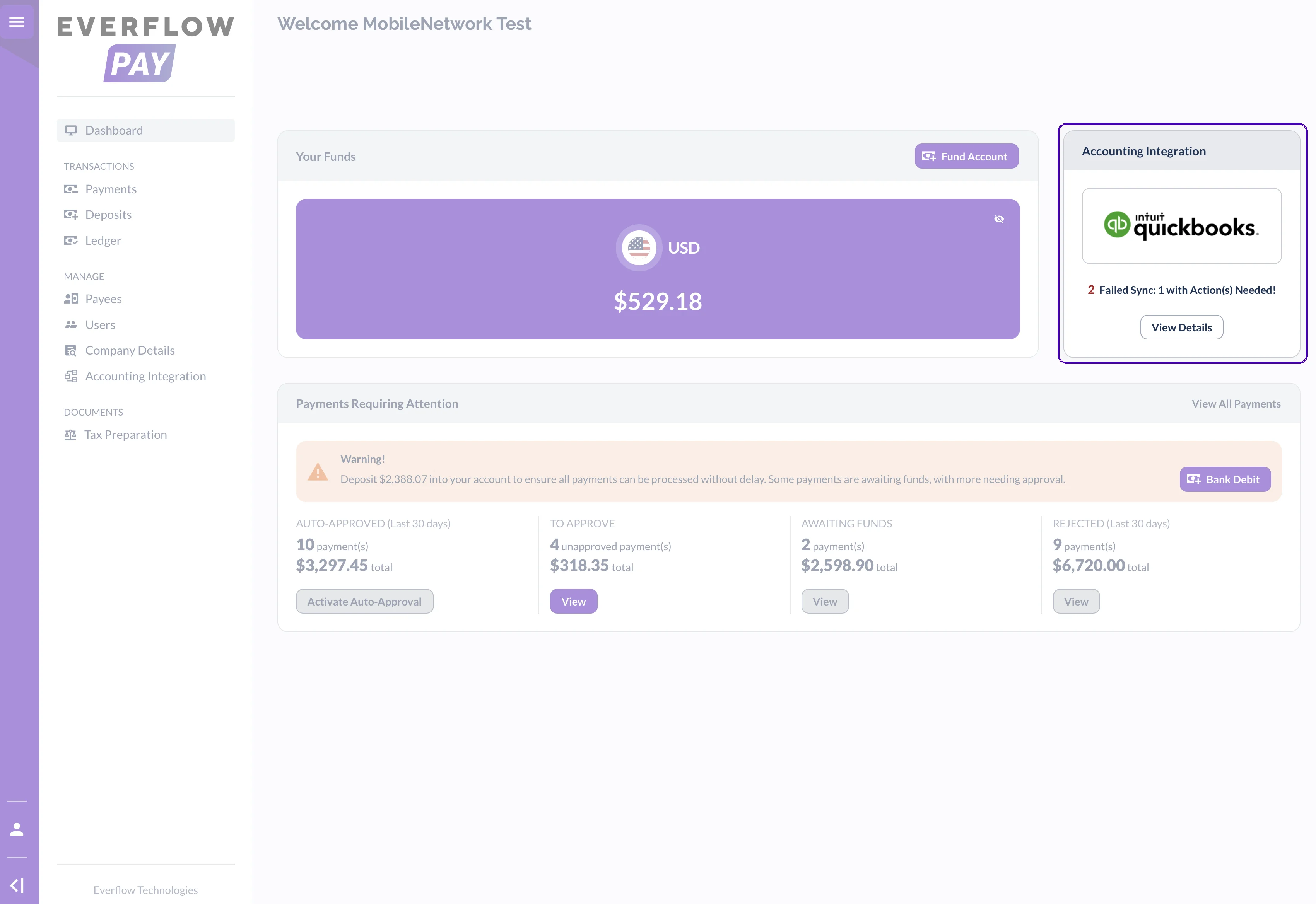 Everflow Pay Dashboard with the Accounting Integration card highlighted, showing failed syncs that need attention