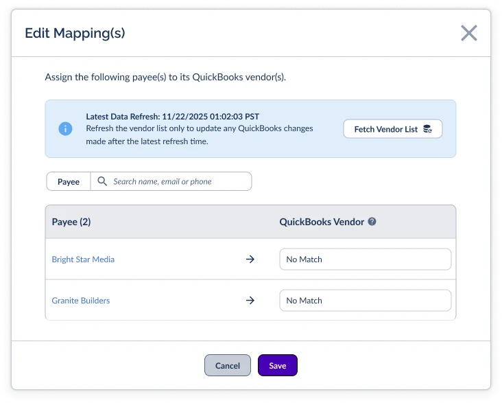 Edit Mapping(s) modal assigning two payees to QuickBooks vendors, with the vendor refresh banner