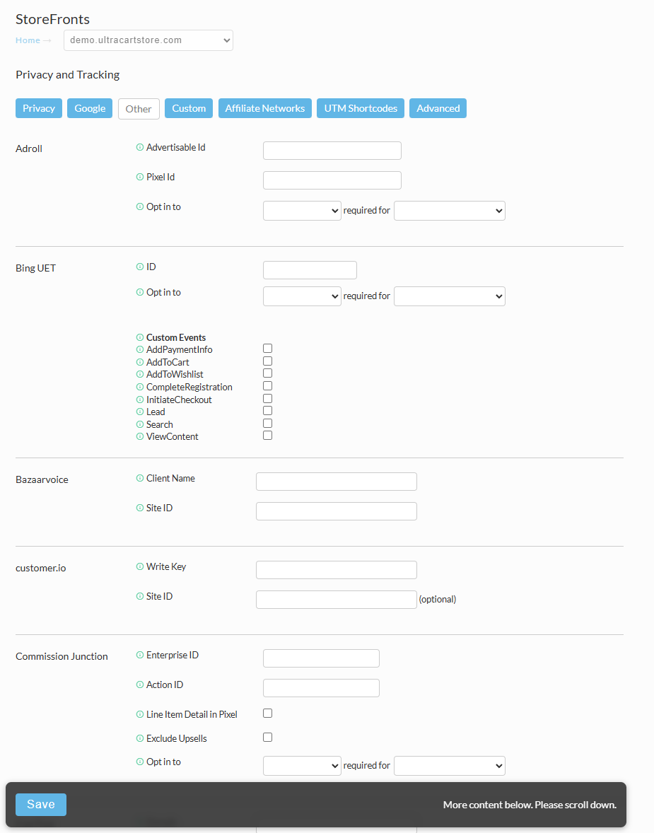 UltraCart StoreFront Privacy and Tracking Other tab, where the Everflow integration lives