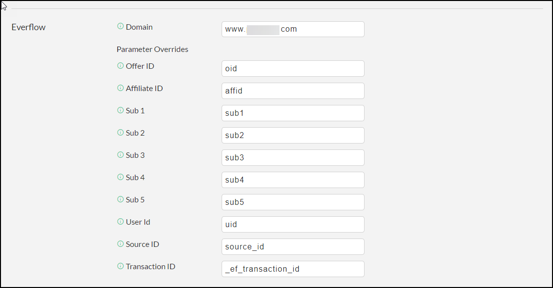 UltraCart Everflow Domain field and Parameter Overrides mapping to oid, affid, sub1-5, uid, source_id, and _ef_transaction_id