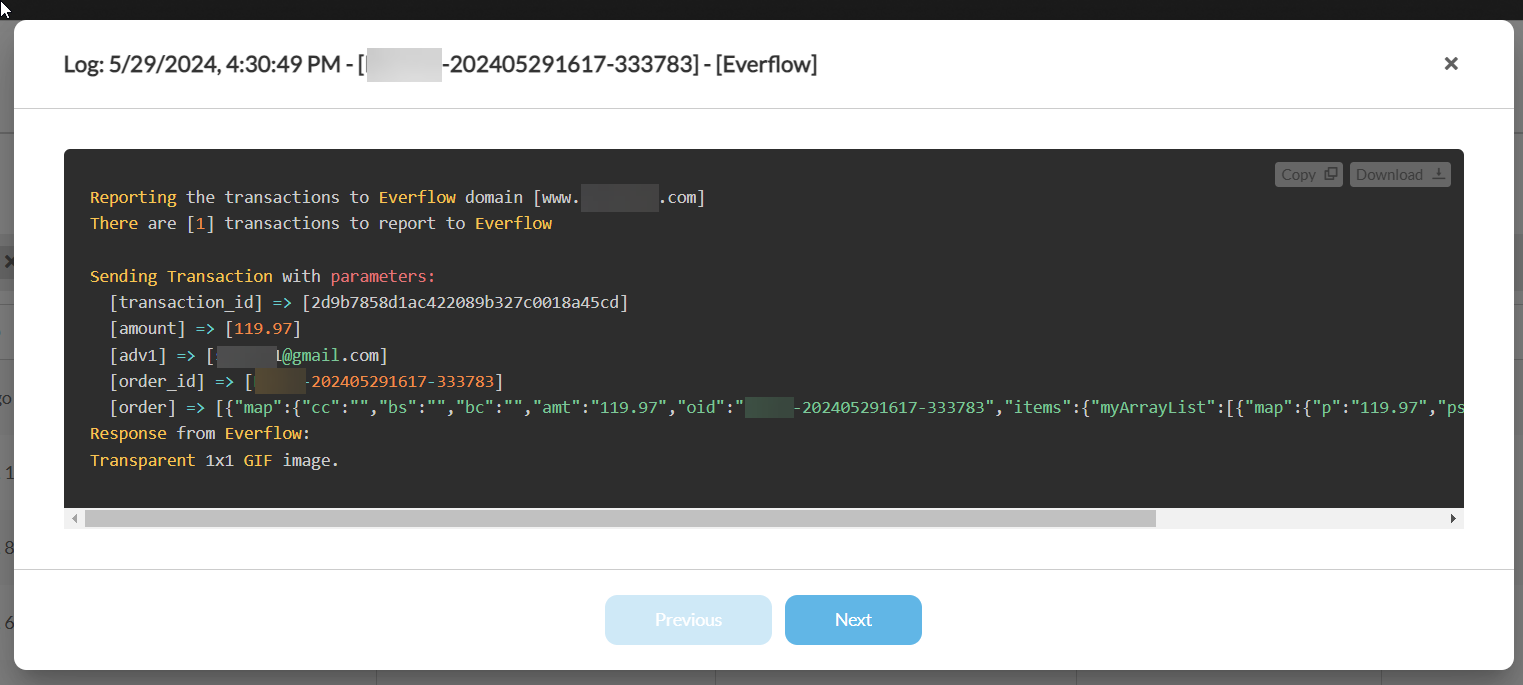 UltraCart Everflow Integration Log showing a transaction sent to Everflow with transaction_id, amount, and order_id