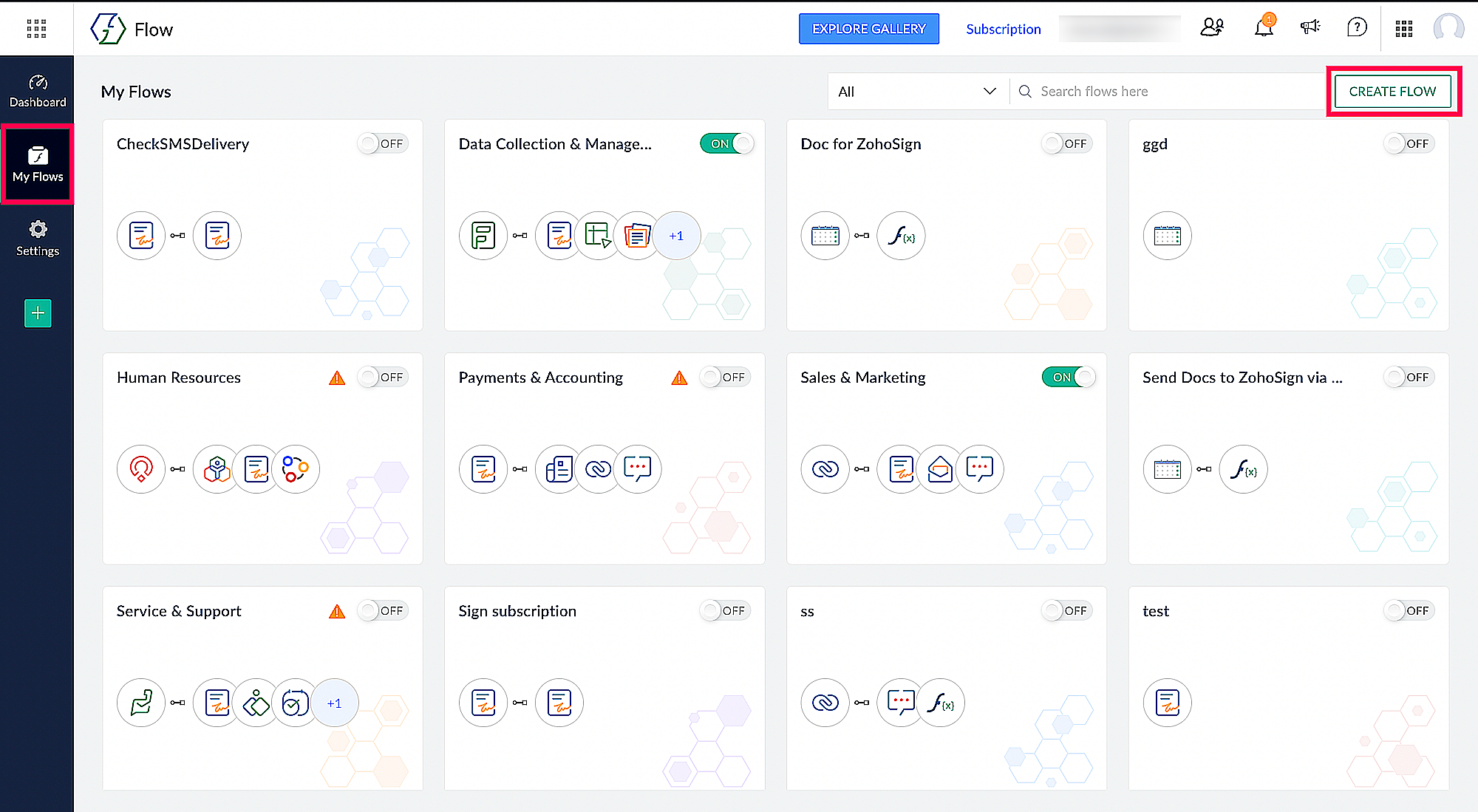 Zoho Flow My Flows page with the Create Flow button highlighted