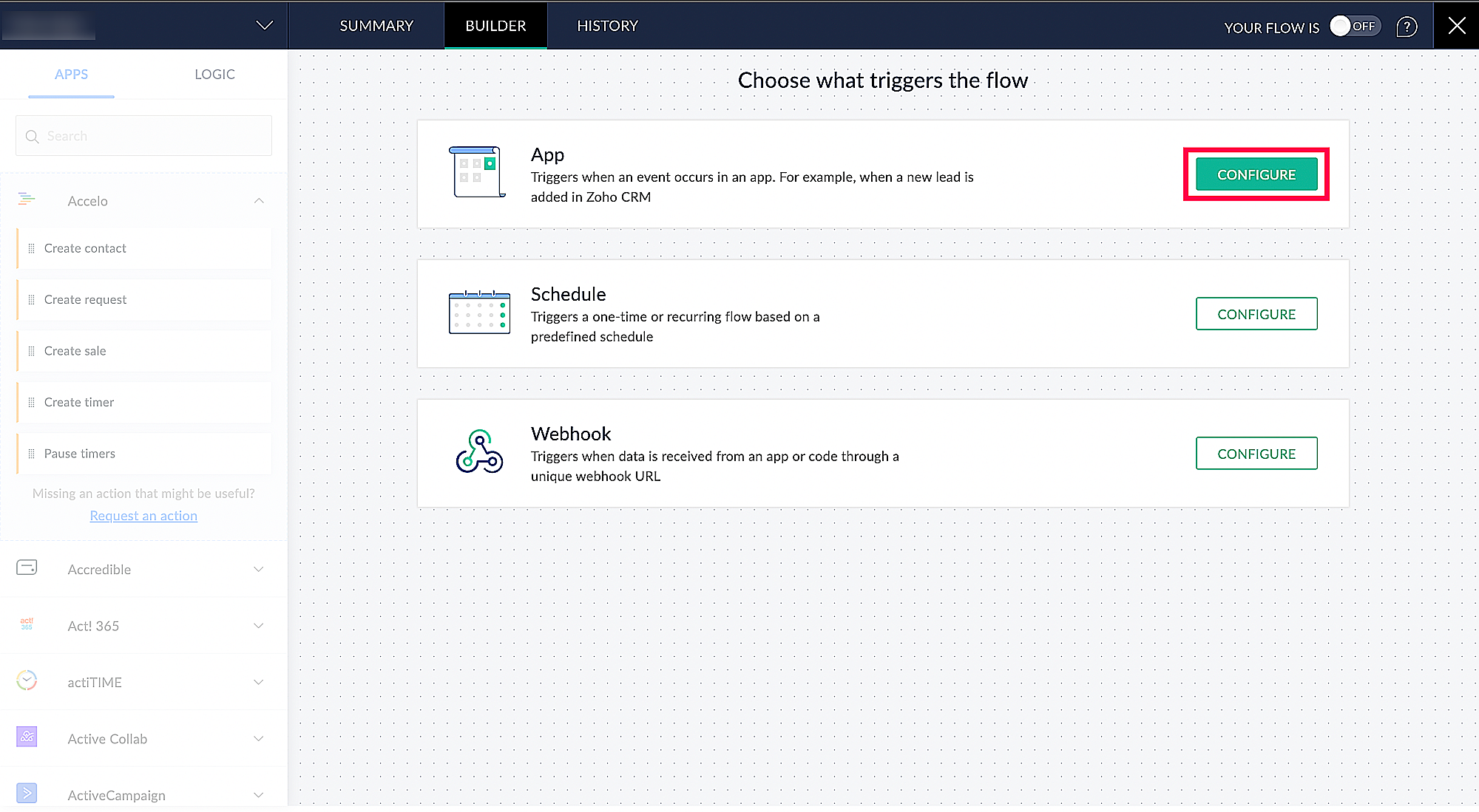 Zoho Flow trigger screen showing App, Schedule, and Webhook options with the App option highlighted