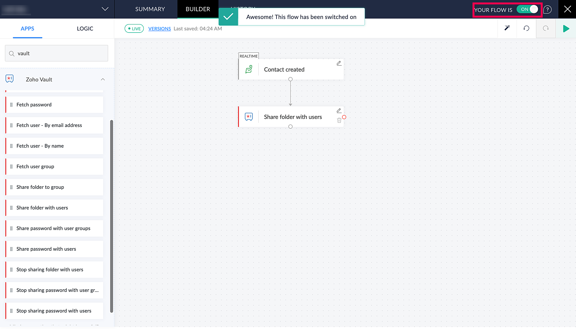 Zoho Flow builder with the flow toggled on and a confirmation that the flow has been switched on
