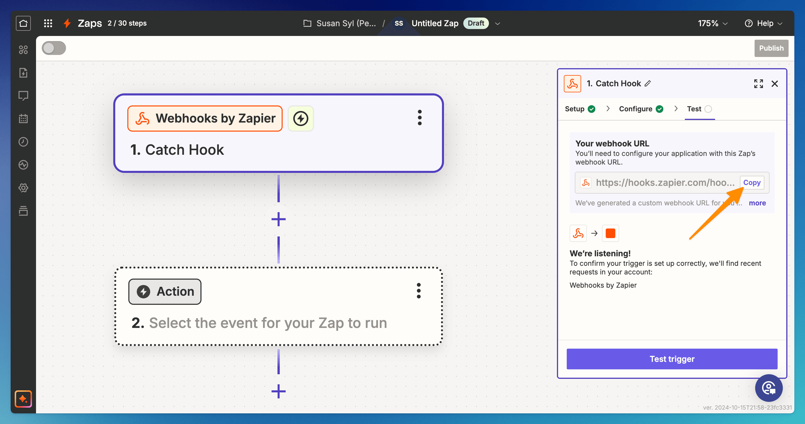 Zapier Catch Hook step showing the generated Your webhook URL field with a Copy button