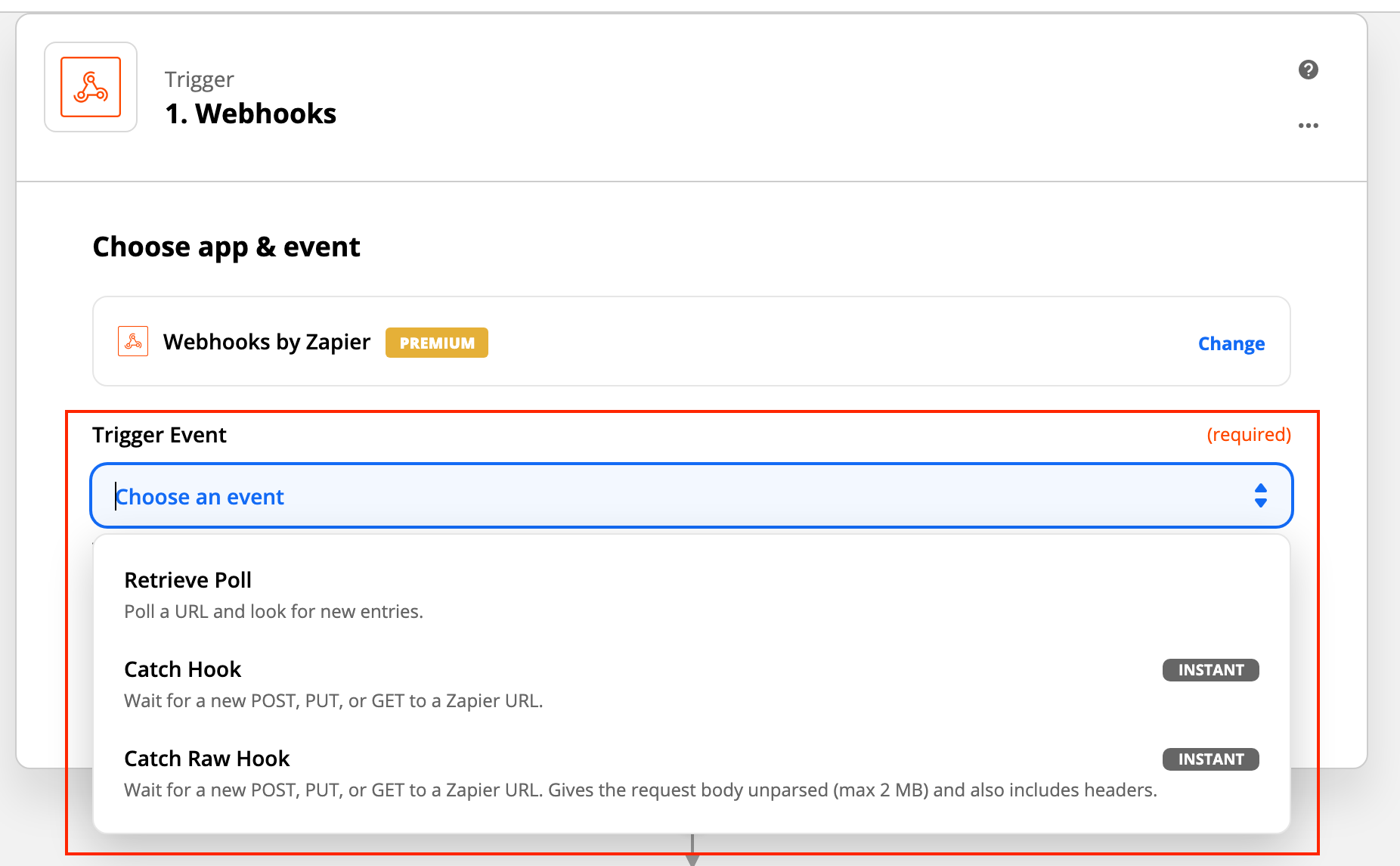 Zapier trigger setup with Webhooks by Zapier selected and the Catch Hook event chosen in the dropdown