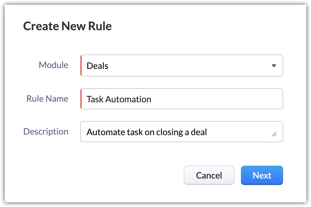 Zoho CRM Create New Rule dialog with the Module set to Deals and a rule name filled in