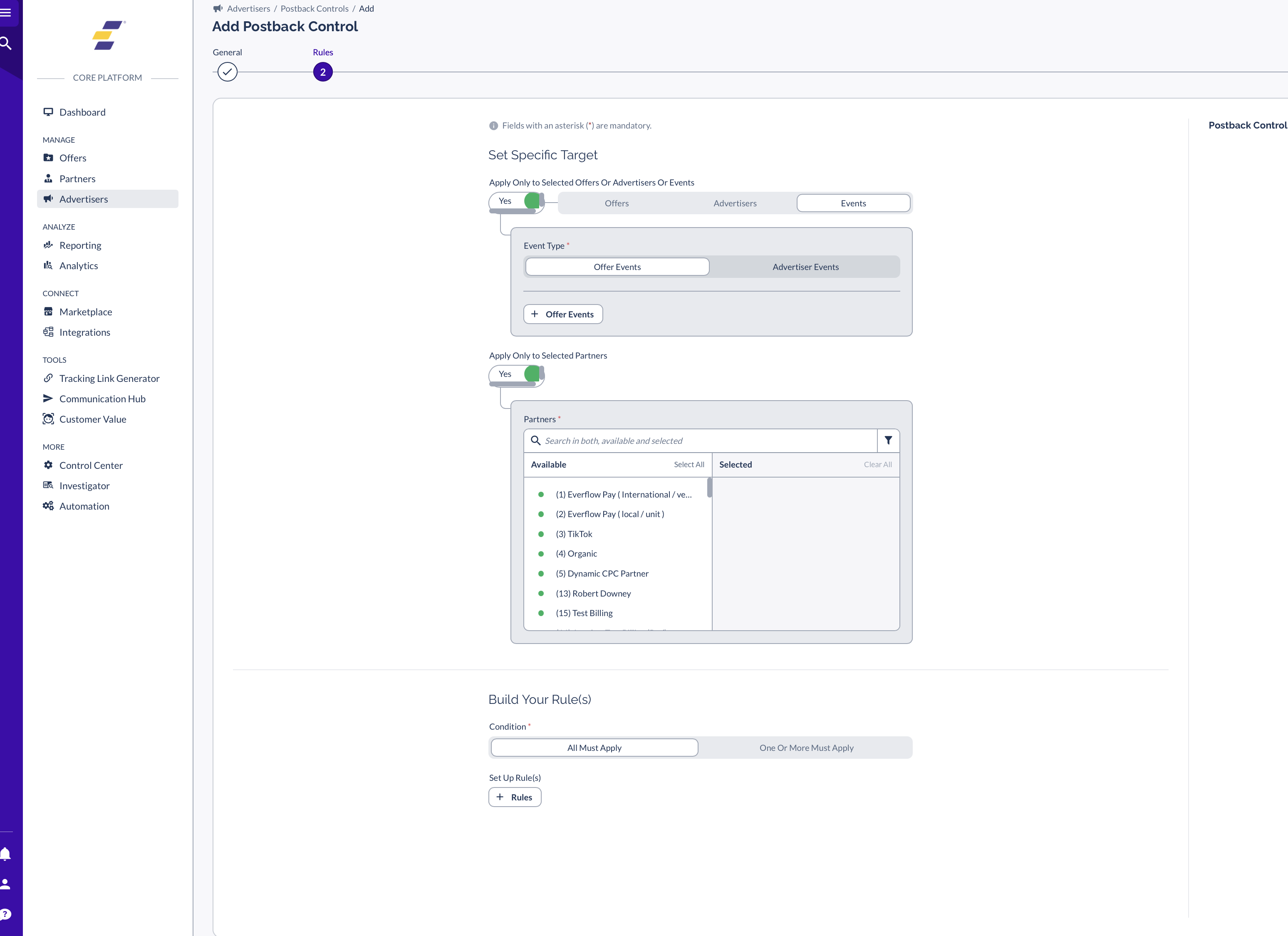 Everflow Add Postback Control Rules step showing Set Specific Target and the Build Your Rules area with a condition selector
