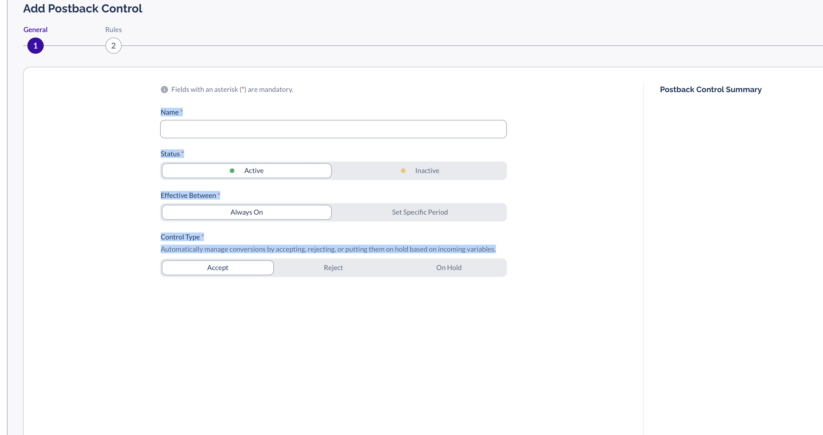 Everflow Add Postback Control General step with Name, Status Active, Effective Between Always On, and Control Type Accept