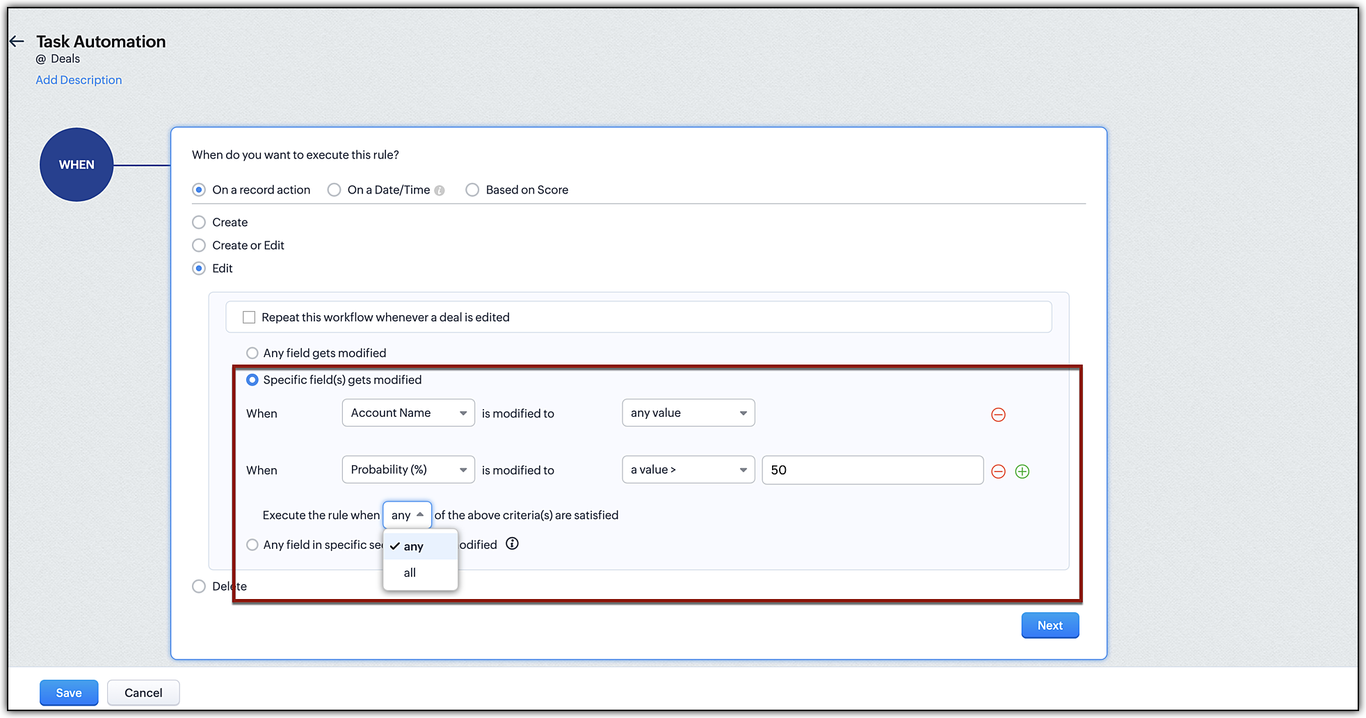 Zoho CRM workflow rule execution settings showing On a record action and Specific fields modified options