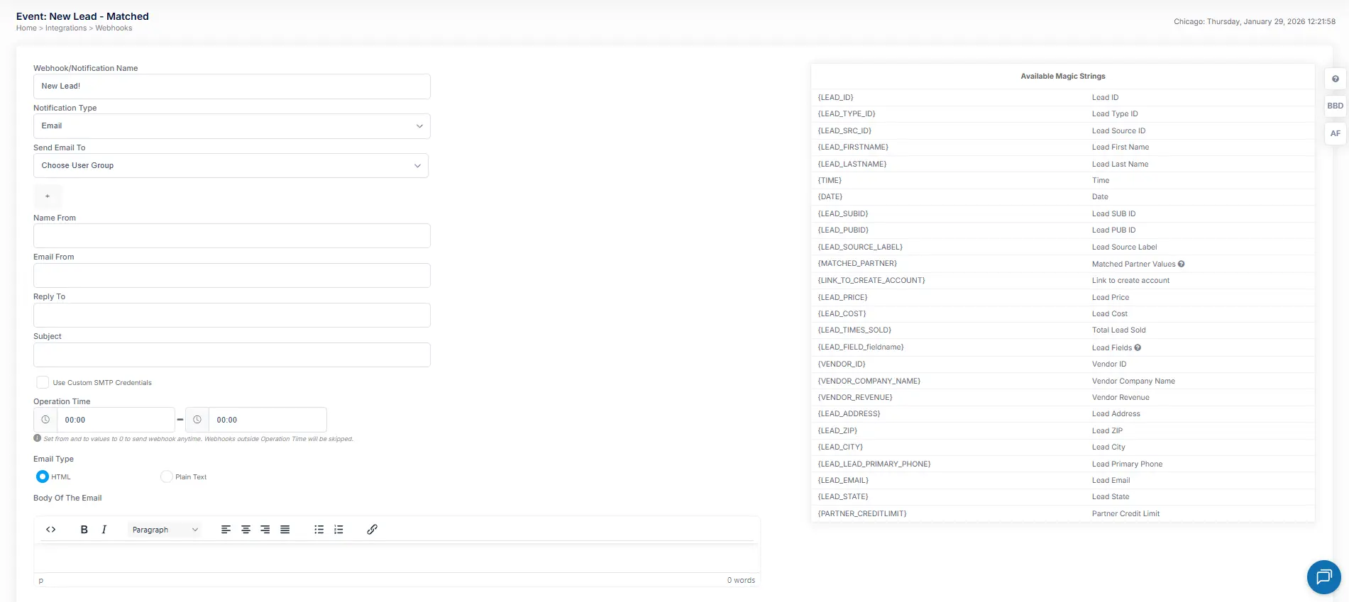 Boberdoo webhook editor with the available values panel on the right listing lead fields, lead price, lead source ID and other tokens for the selected event