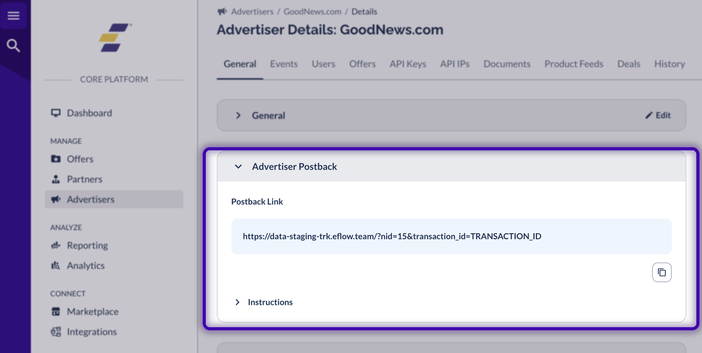 Everflow Advertiser Details page with the Advertiser Postback card highlighted, showing the Postback Link containing the network ID and conversion domain