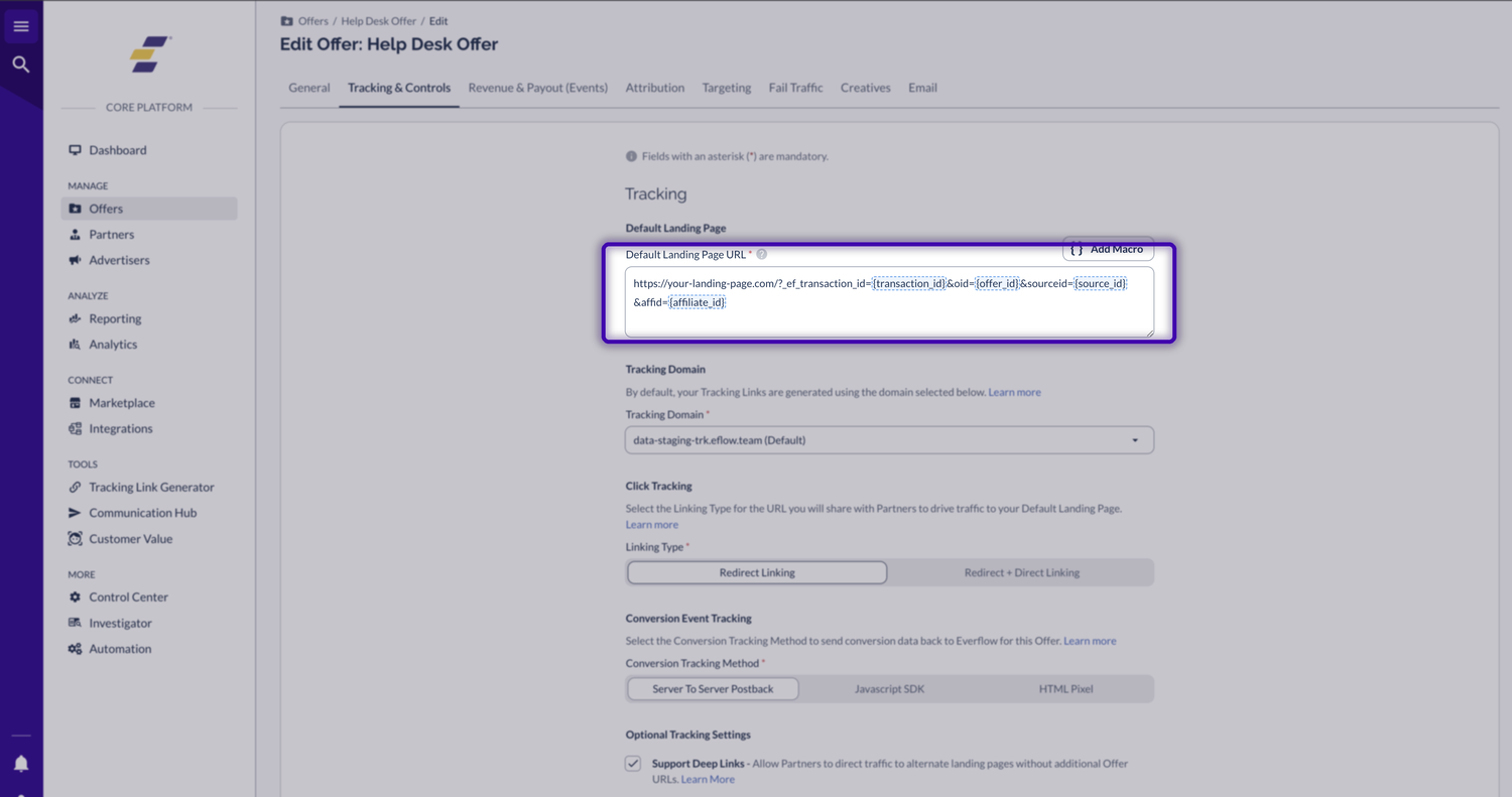 Everflow Edit Offer Tracking and Controls tab with the Default Landing Page URL field highlighted, showing the transaction ID macro in the address, with Redirect Linking and Server To Server Postback selected below
