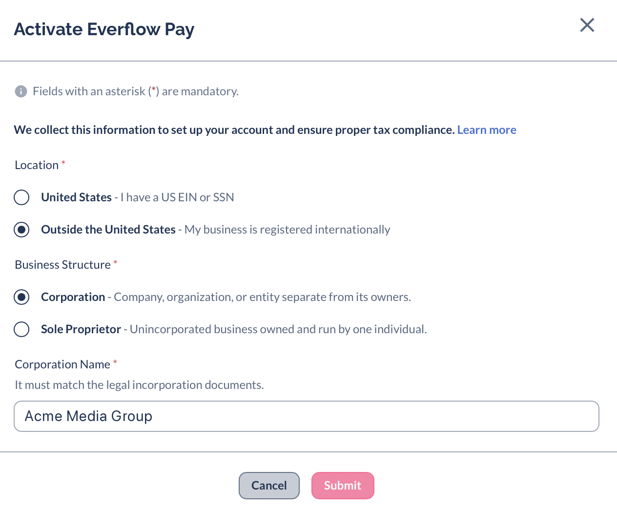 The Outside the United States branch of the form, ending at the business name field
