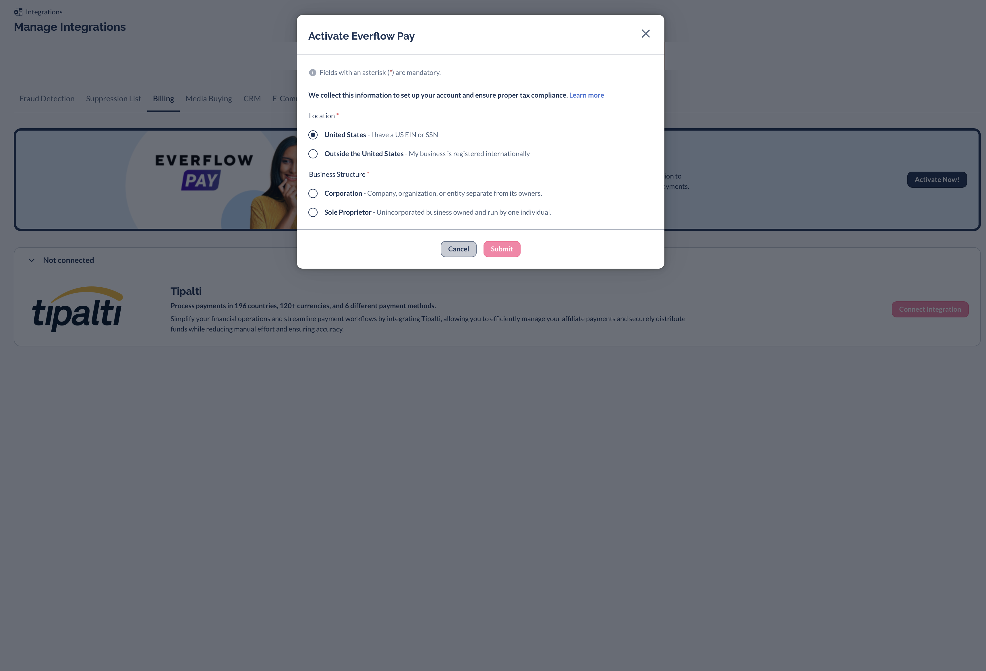 The Activate Everflow Pay form with the Location and Business Structure questions