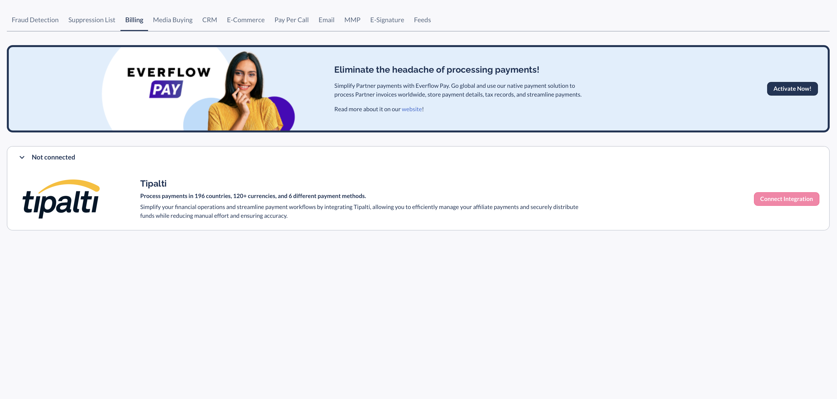 The Billing tab in Manage Integrations, showing the Everflow Pay banner and its activation button