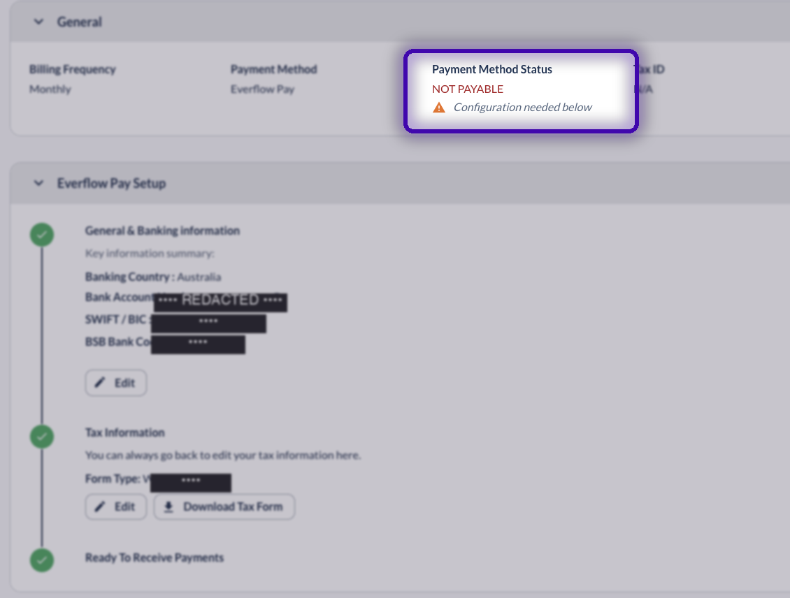 Partner Platform Billing screen showing Payment Method Status NOT PAYABLE above the remaining Everflow Pay configuration steps