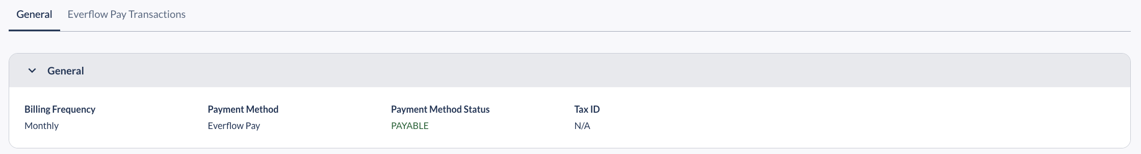 The General card on the Billing page showing Billing Frequency, Payment Method Everflow Pay and Payment Method Status PAYABLE