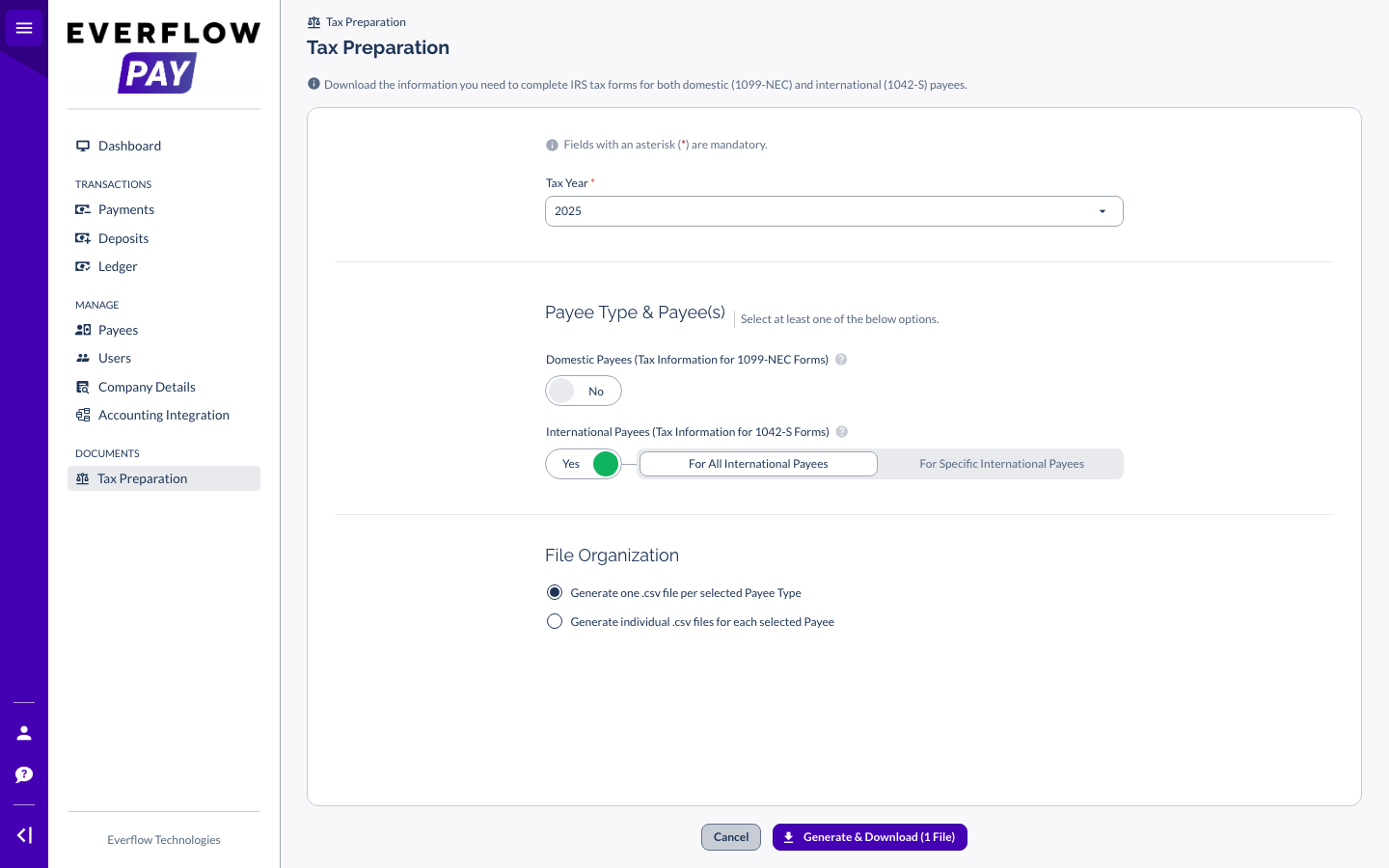 1042-S export options in Everflow Pay for selecting international payees and a tax year