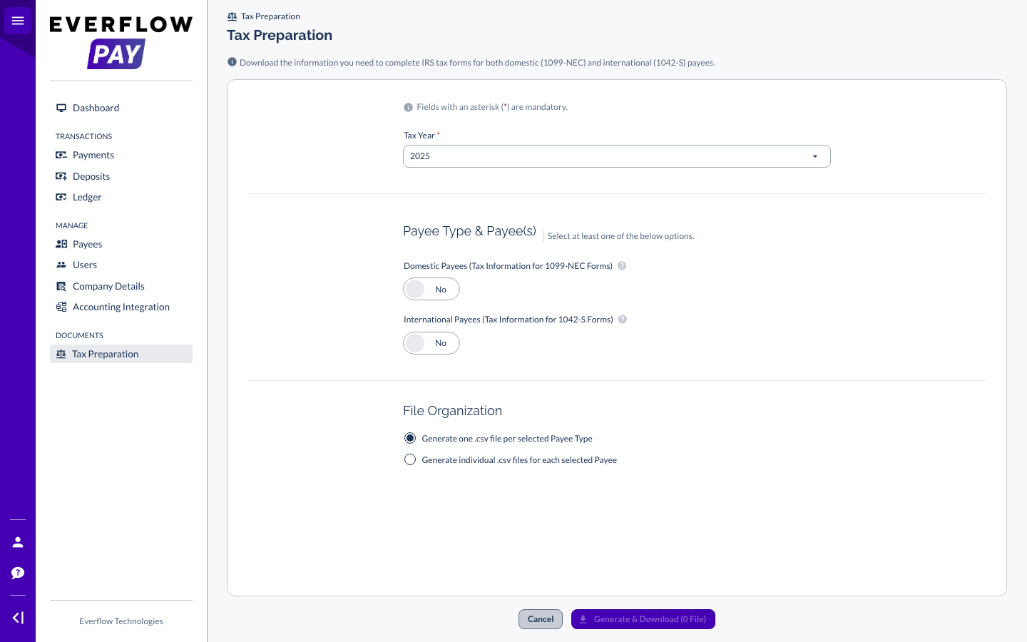 Tax Preparation screen in Everflow Pay listing the available tax data exports