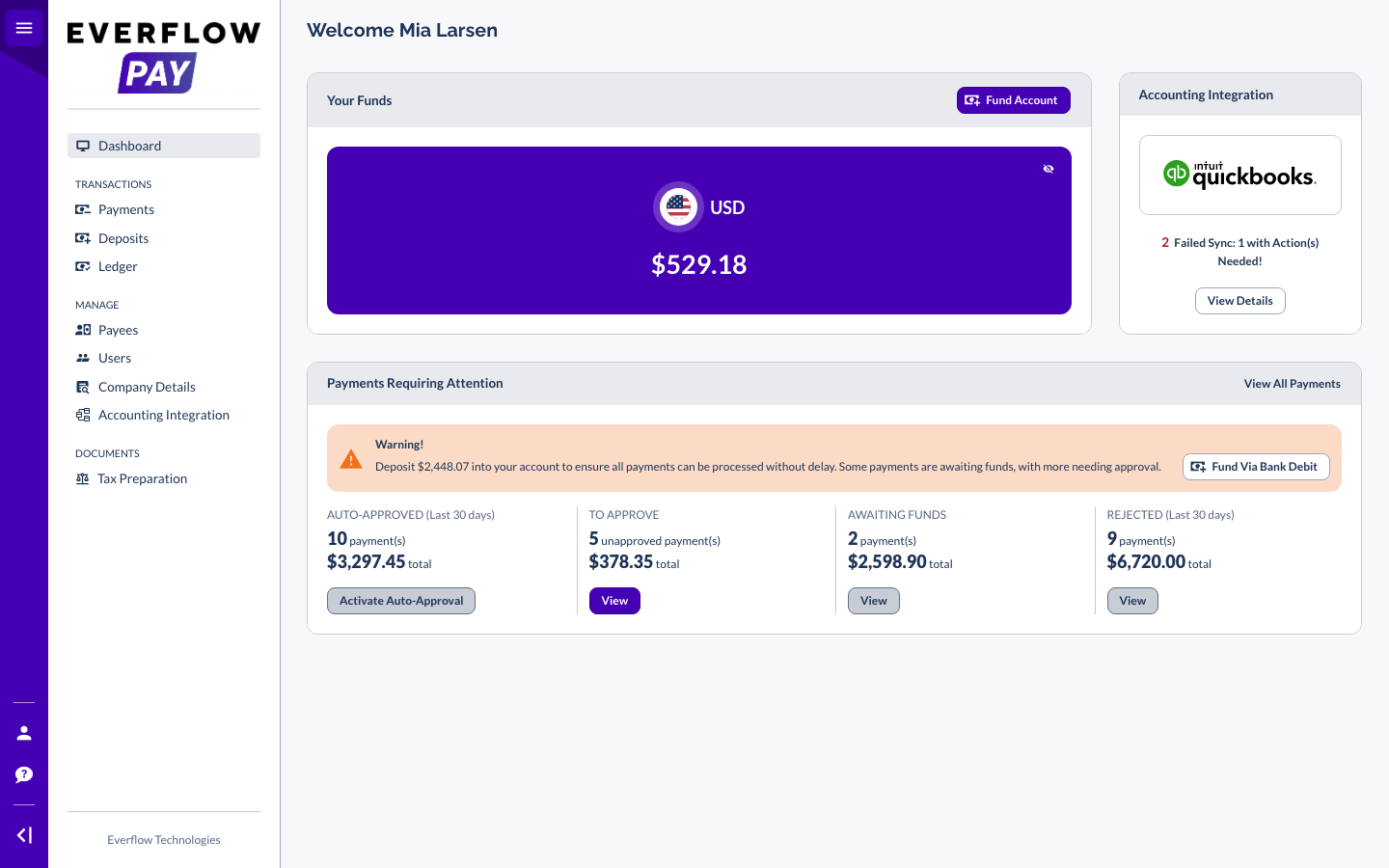 Everflow Pay dashboard showing the funding balance card, payments requiring attention, and the accounting integration panel
