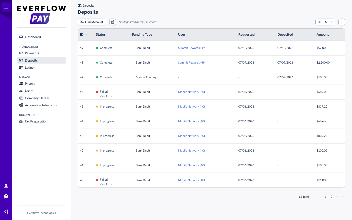 Deposits list in Everflow Pay showing deposit statuses of Complete, In progress and Failed