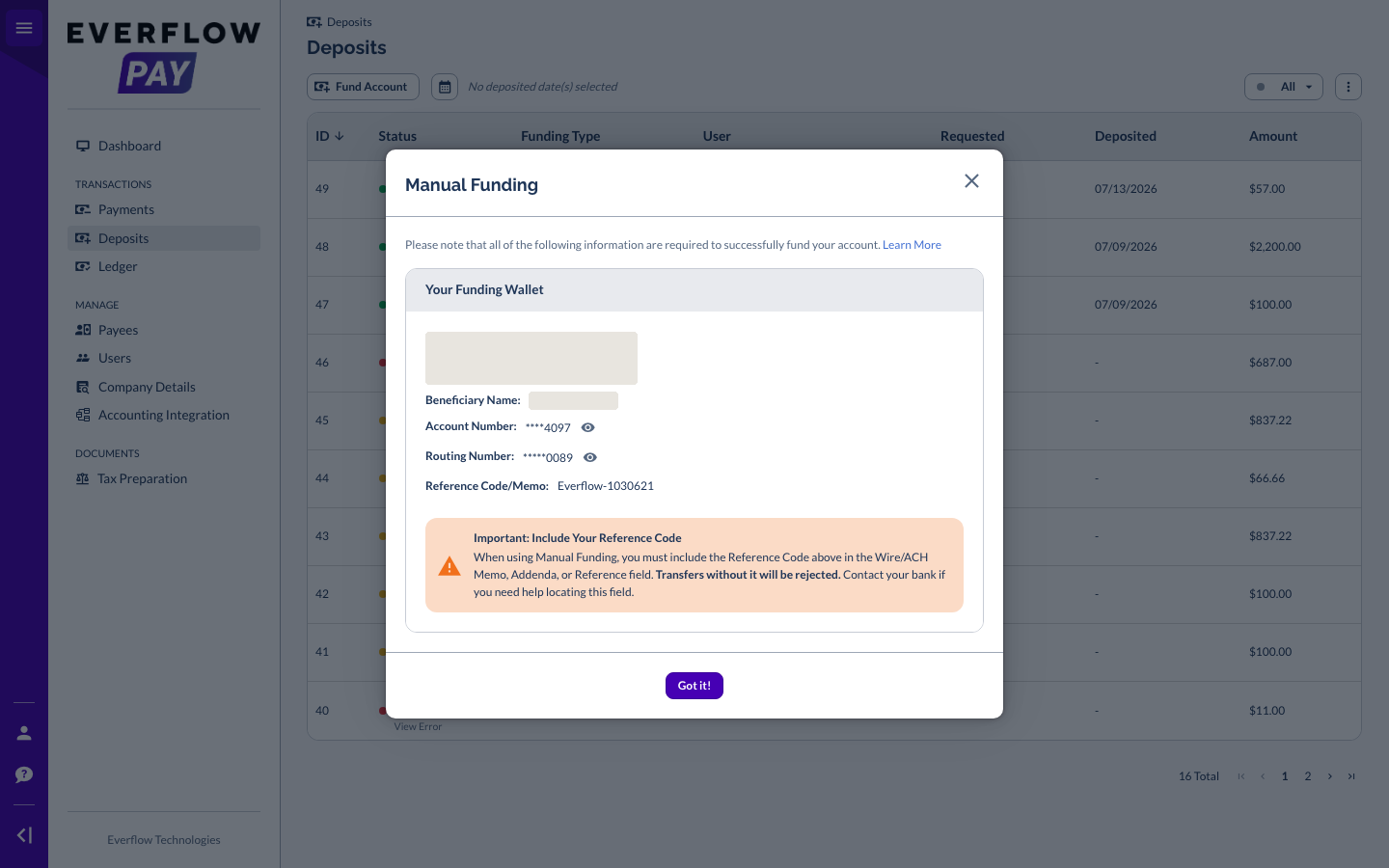 Manual Funding instructions in Everflow Pay showing the Your Funding Wallet card and the reference code notice, with the bank details obscured