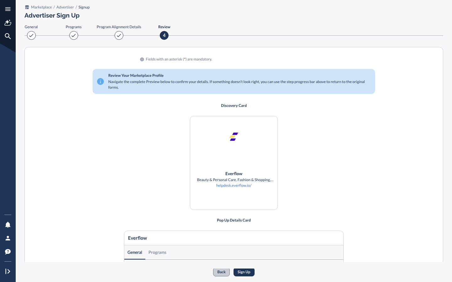 Advertiser Sign Up Review tab, showing the Marketplace profile preview card