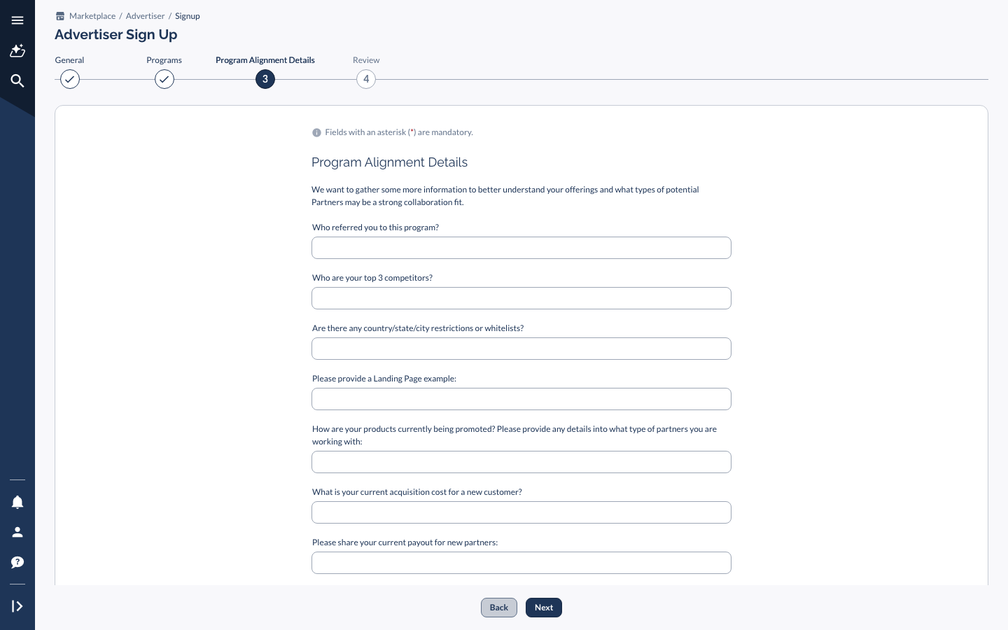 Advertiser Sign Up Program Alignment Details tab, step 3 of 4, showing the alignment questions
