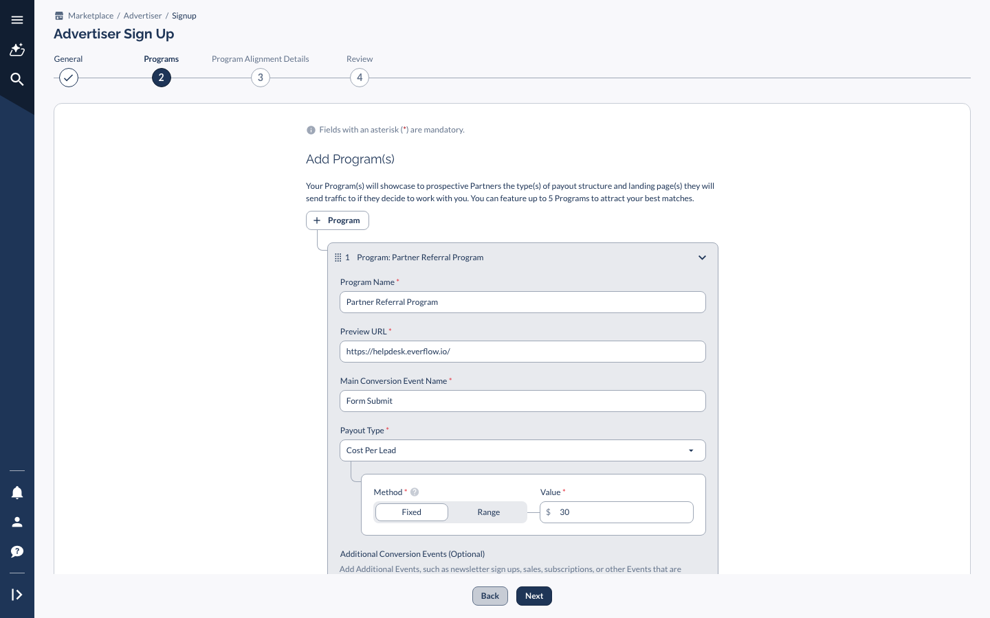 Advertiser Sign Up Programs tab, showing the Add Program form