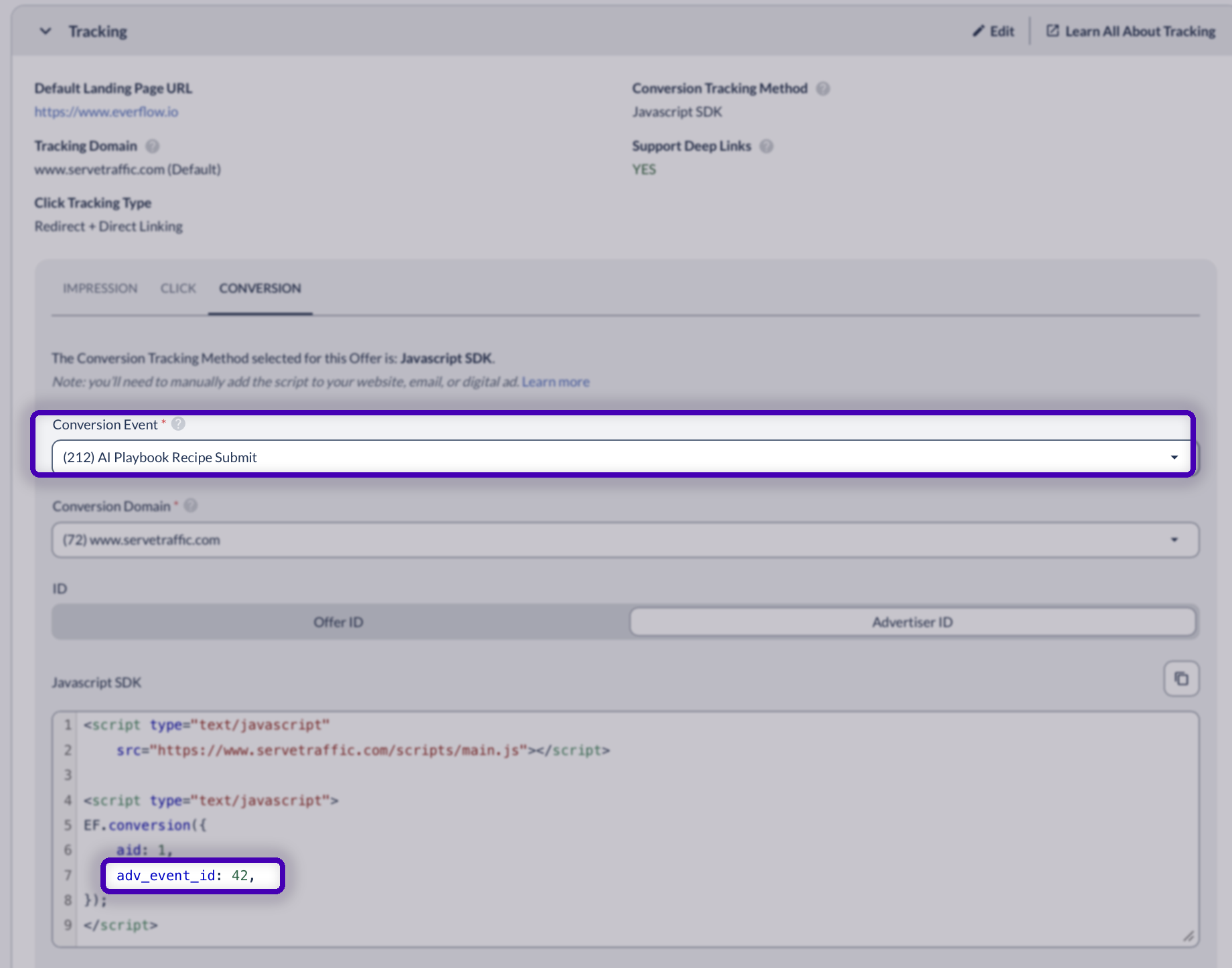 Offer Tracking card, CONVERSION tab: the Conversion Event dropdown reads (212) AI Playbook Recipe Submit while the generated Javascript SDK snippet below emits adv_event_id 42