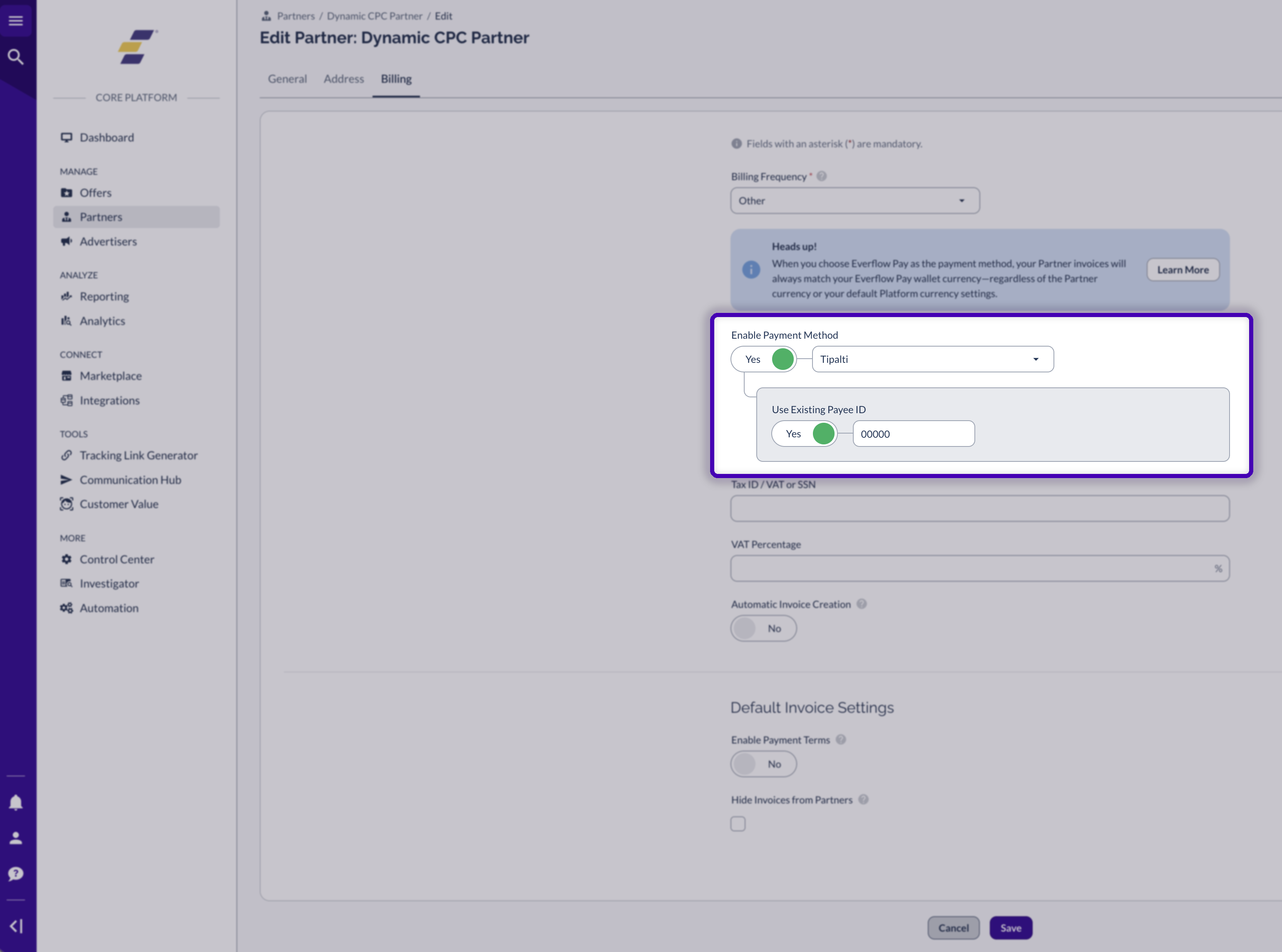Edit Partner Billing tab with Enable Payment Method set to Tipalti and Use Existing Payee ID switched on with a Payee ID entered