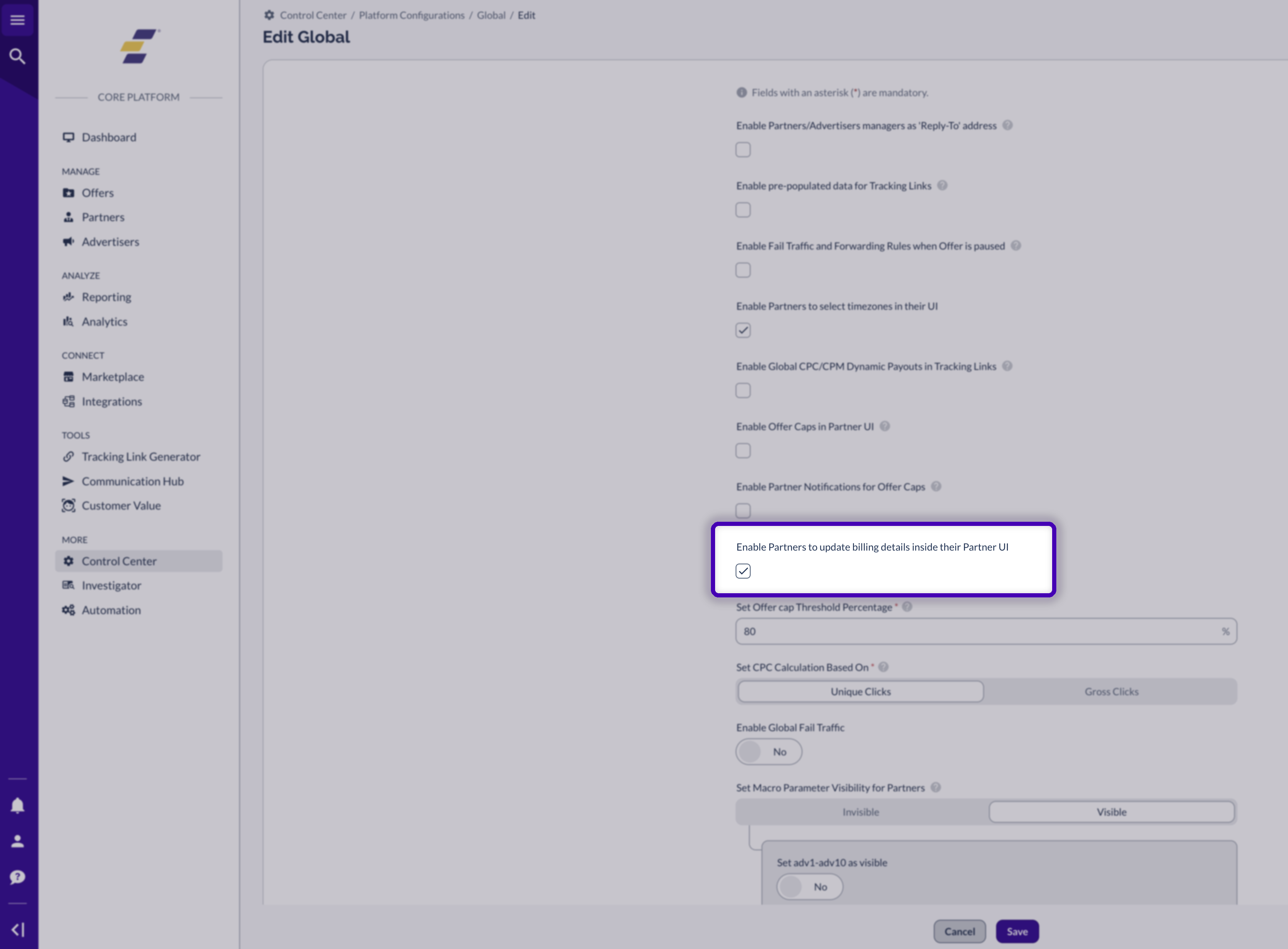 Edit Global page with the Enable Partners to update billing details inside their Partner UI checkbox highlighted