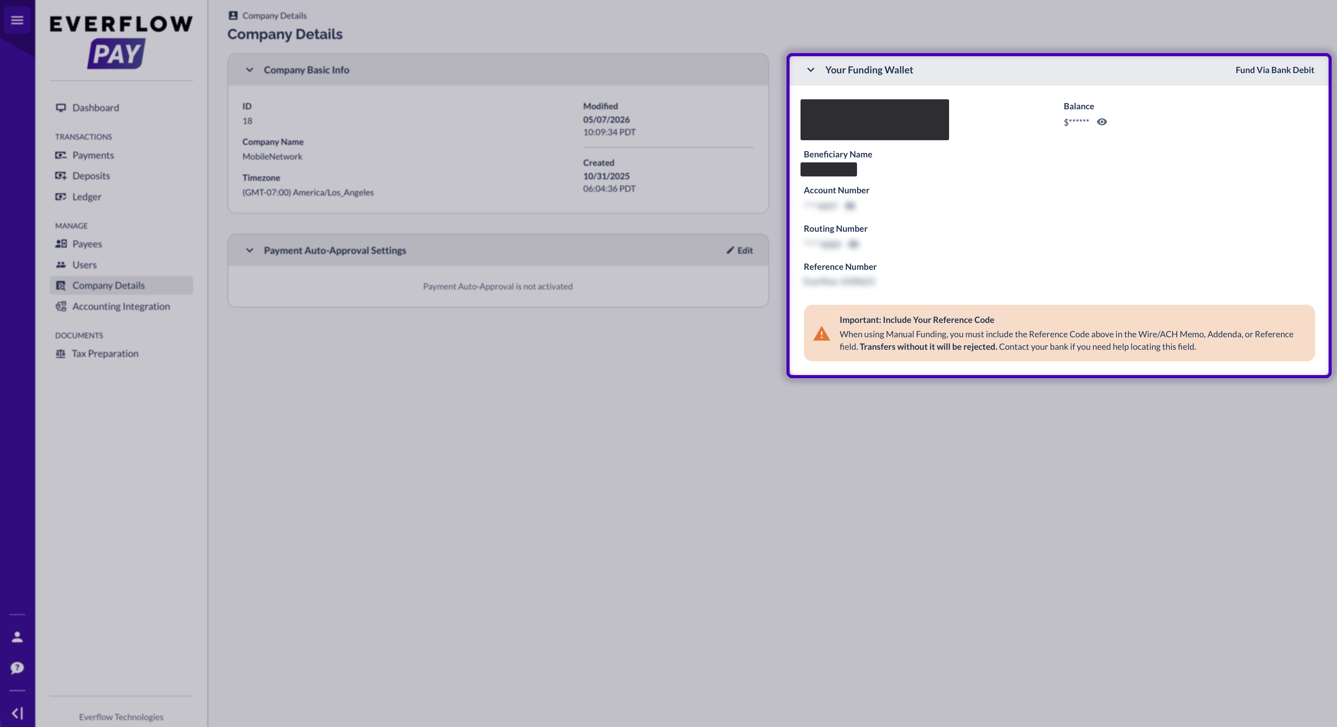 Company Details showing the Your Funding Wallet card with the account and routing numbers, reference number, and a reminder to include the reference code