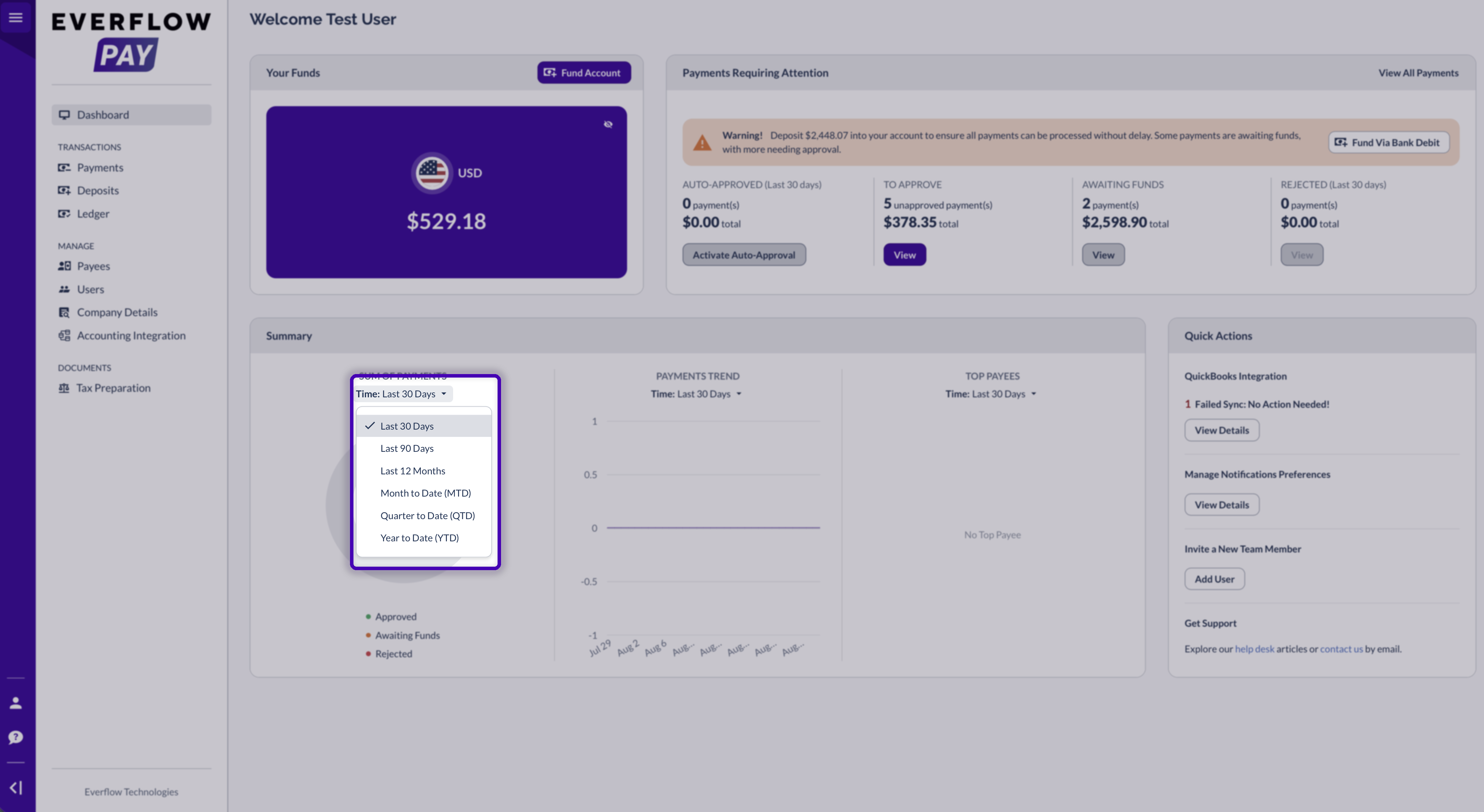 The time filter open on a Summary panel showing Last 30 Days, Last 90 Days, Last 12 Months, Month to Date, Quarter to Date and Year to Date