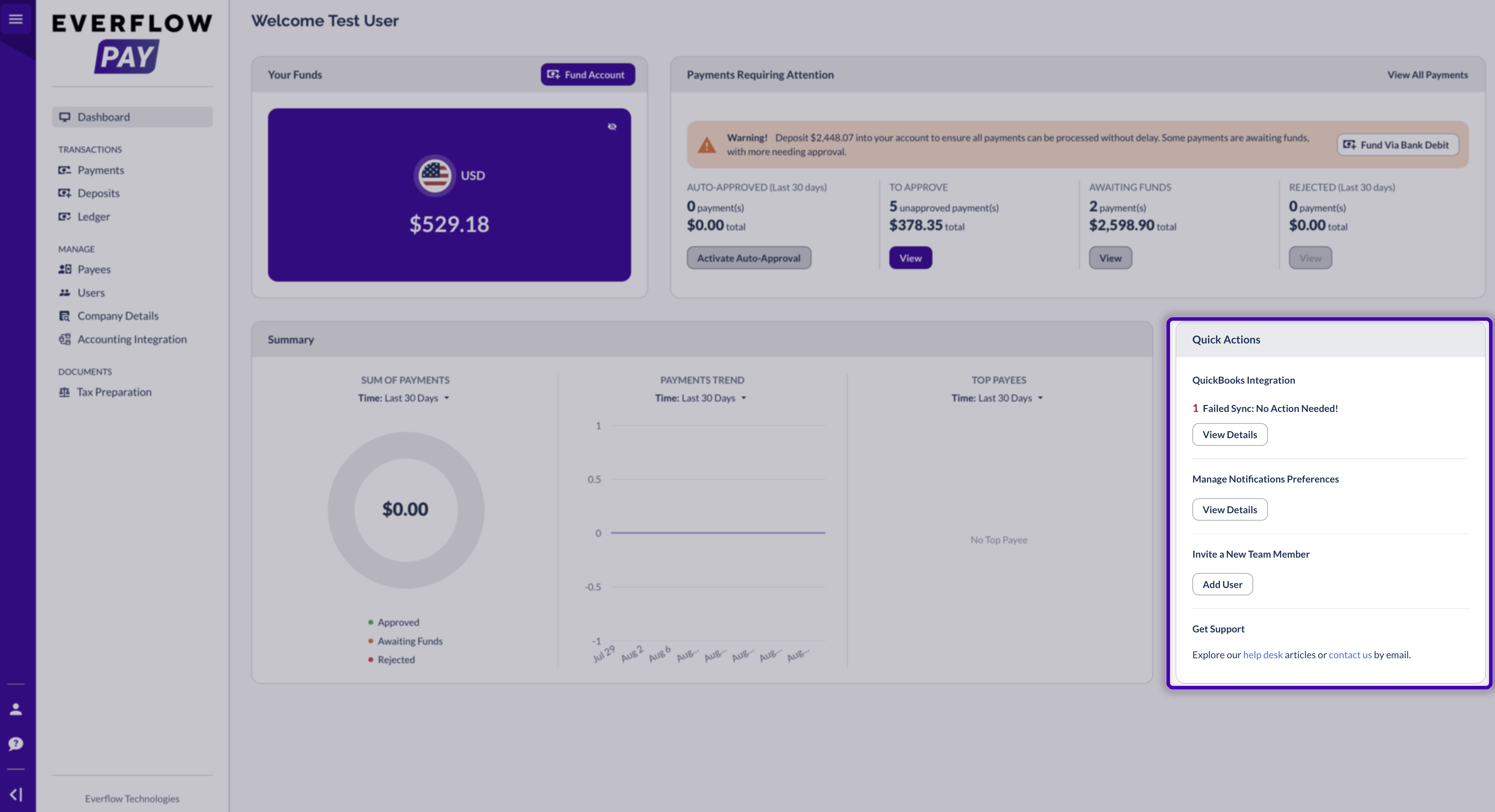 The Quick Actions panel showing accounting integration sync status, notification preferences, inviting a team member and getting support