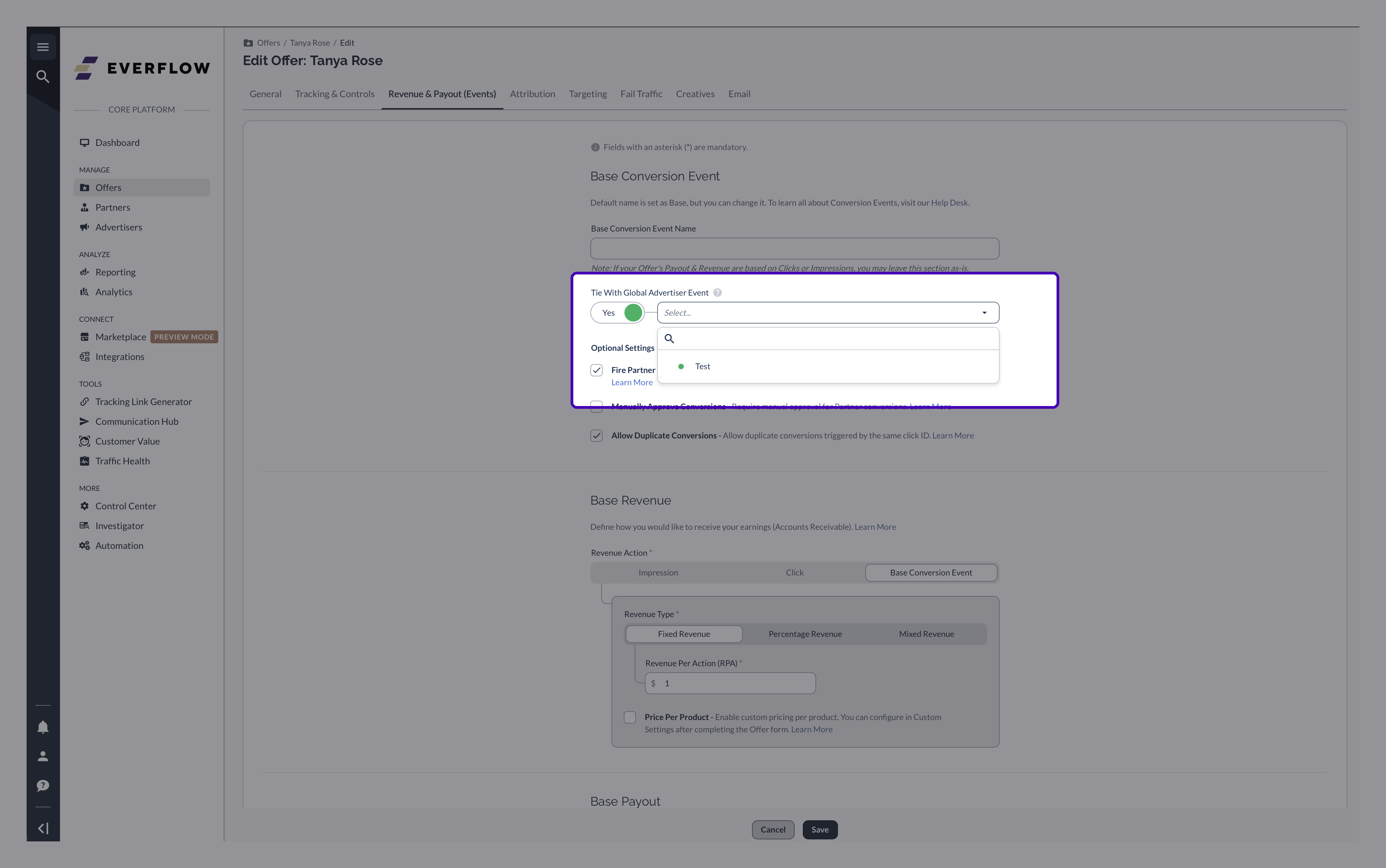 Tie With Global Advertiser Event set to Yes on an Offer, with the event dropdown open