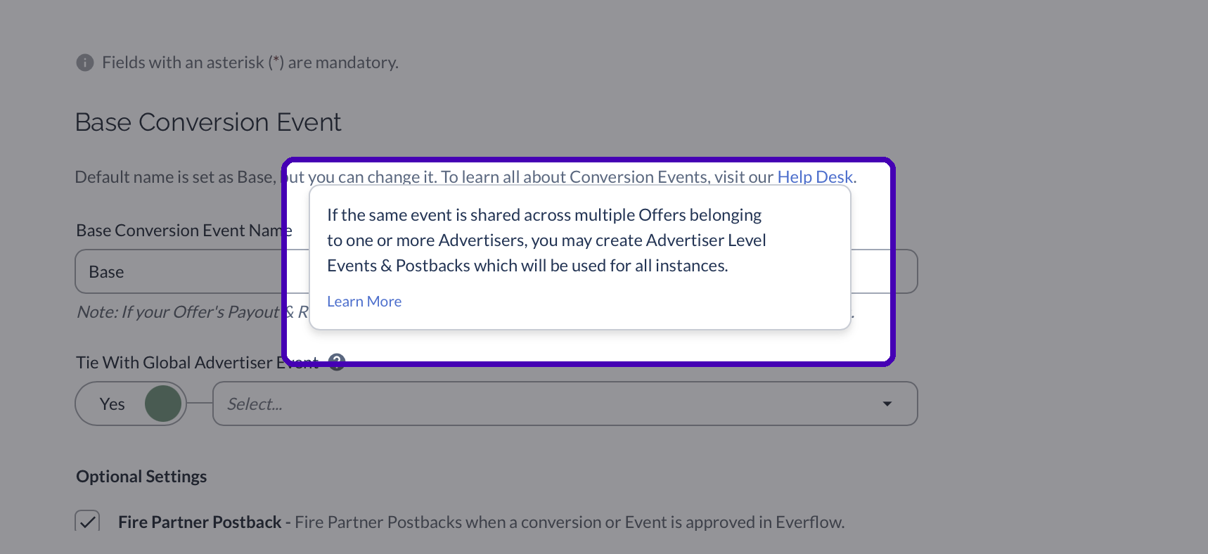 Tooltip on the Tie With Global Advertiser Event field explaining what tying the base conversion does