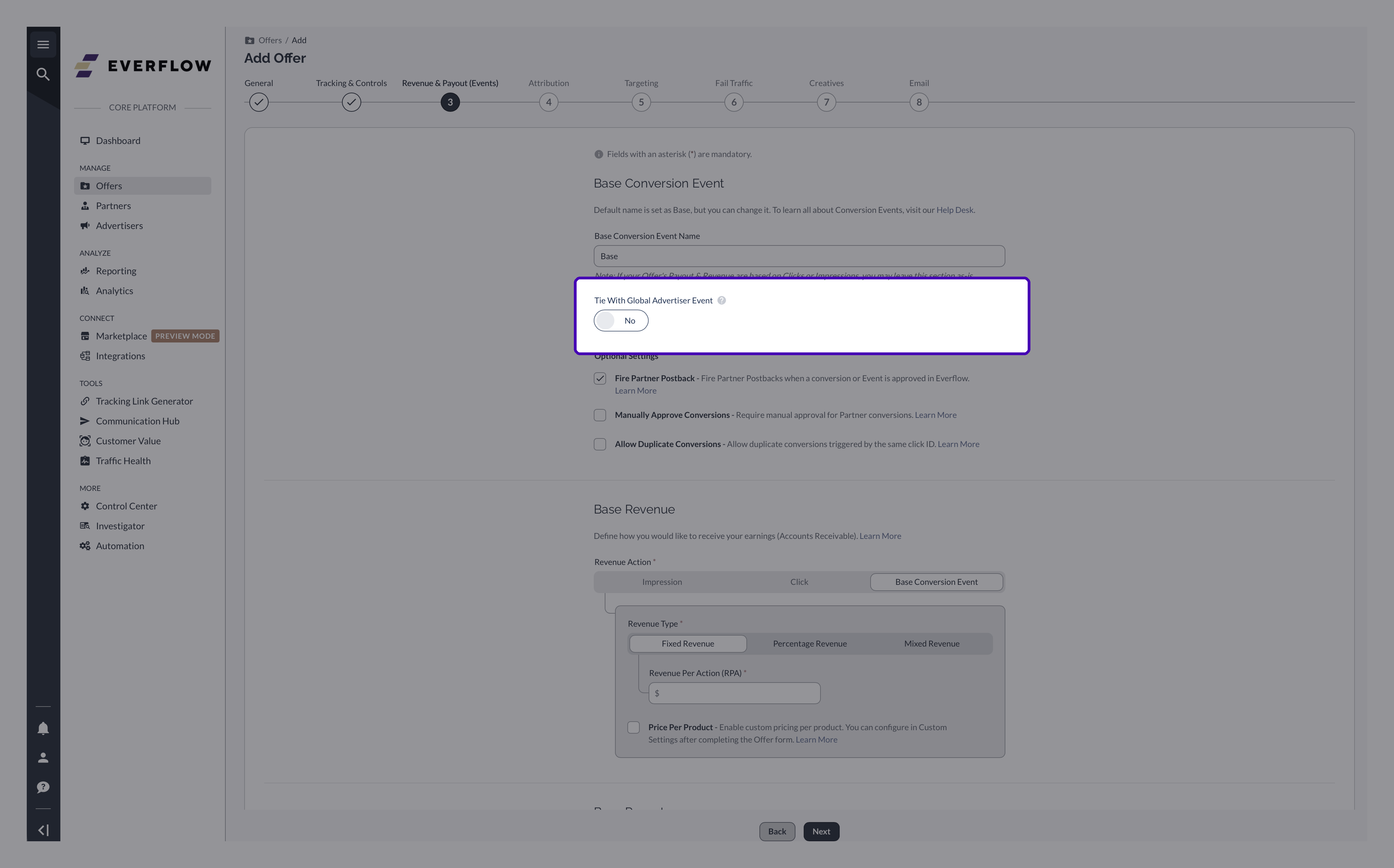 Everflow Edit Offer, Revenue and Payout (Events) tab, with the Tie With Global Advertiser Event switch set to No