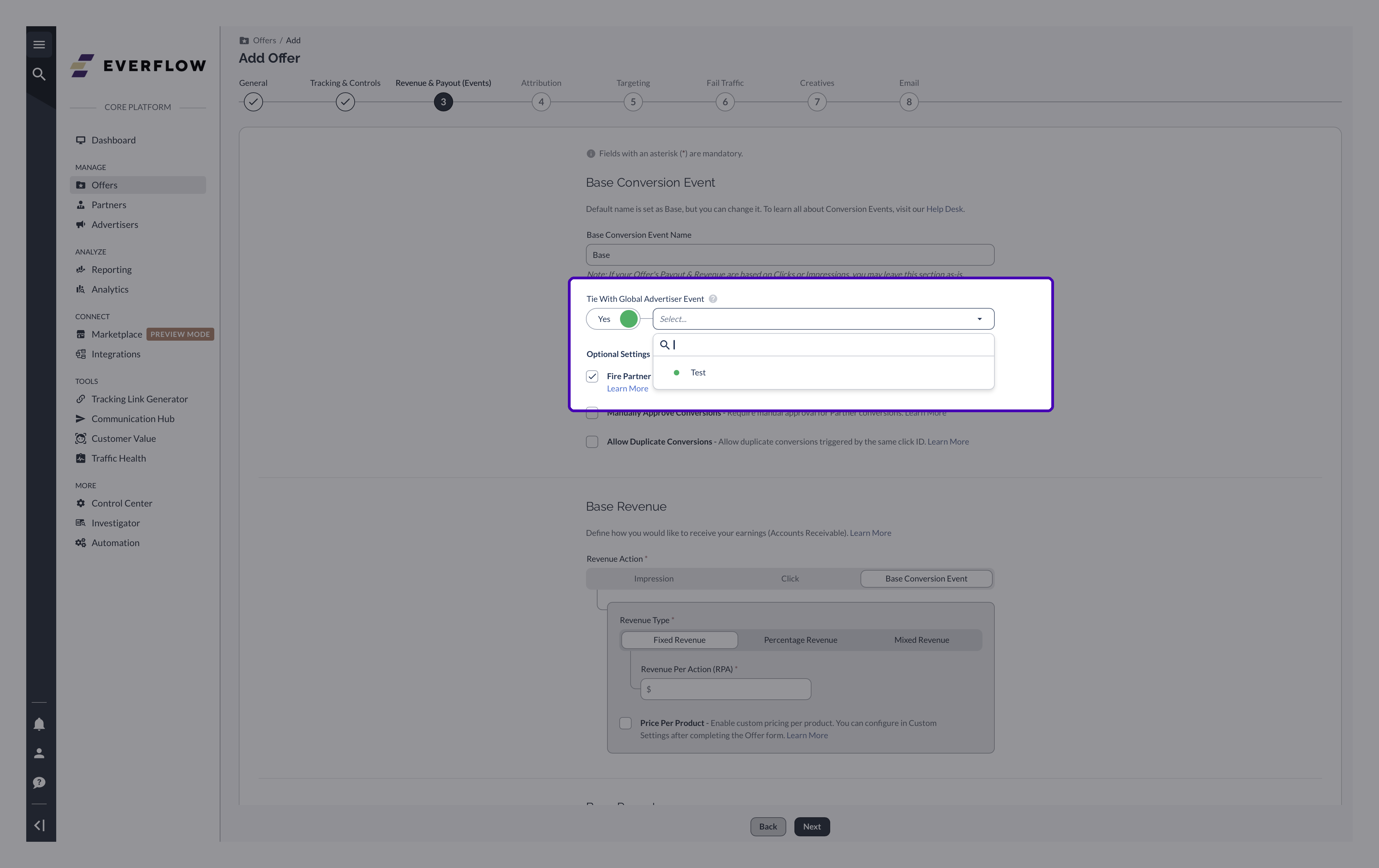 The same switch flipped to Yes, revealing an empty Select dropdown for the Global Advertiser Event